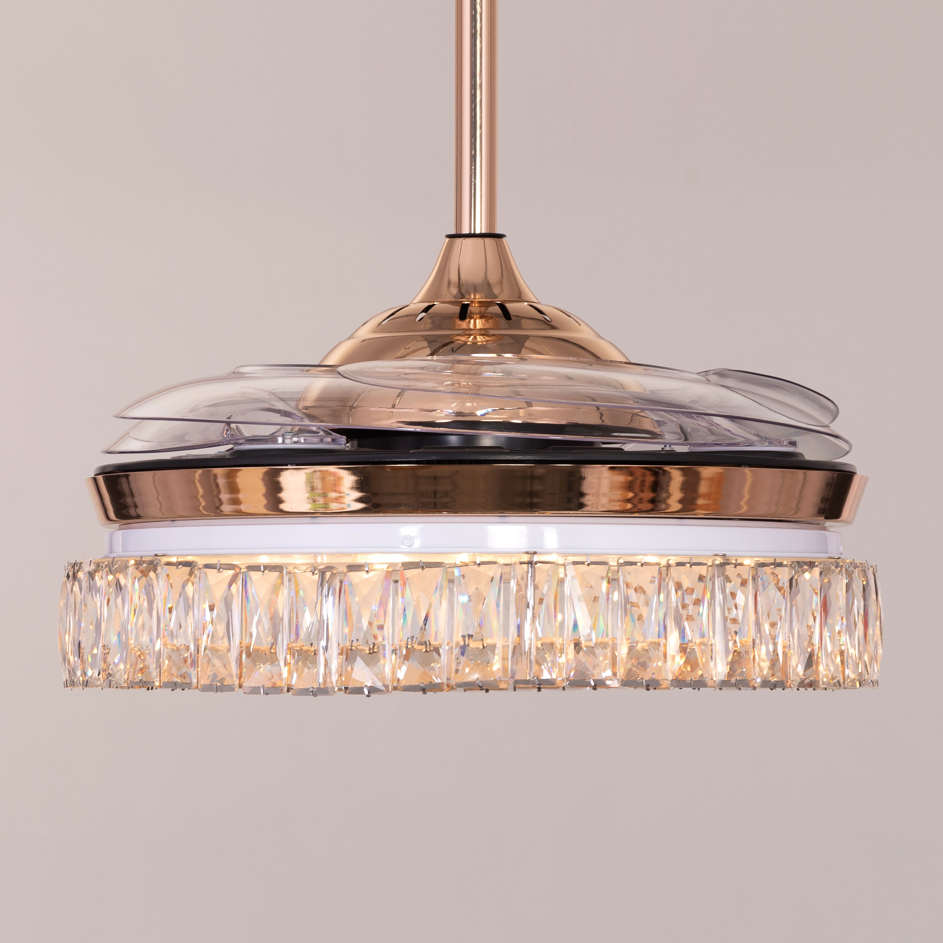 Through The Fire (112 cm Span, Matte Gold Finish Metal Body, Transparent ABS Plastic) 3 Color LED With Remote Control Crystal Chandelier Ceiling Fan