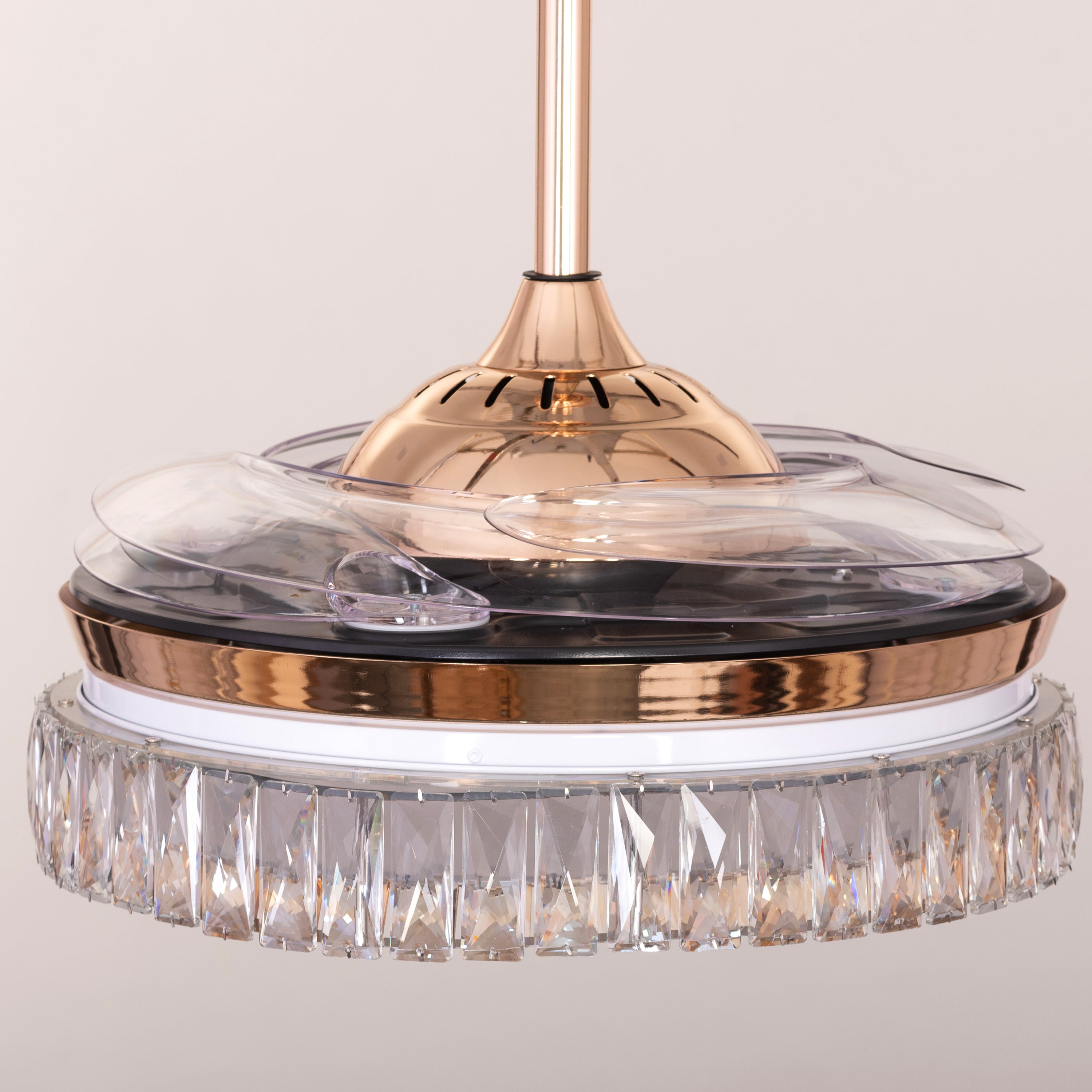 Through The Fire (112 cm Span, Matte Gold Finish Metal Body, Transparent ABS Plastic) 3 Color LED With Remote Control Crystal Chandelier Ceiling Fan