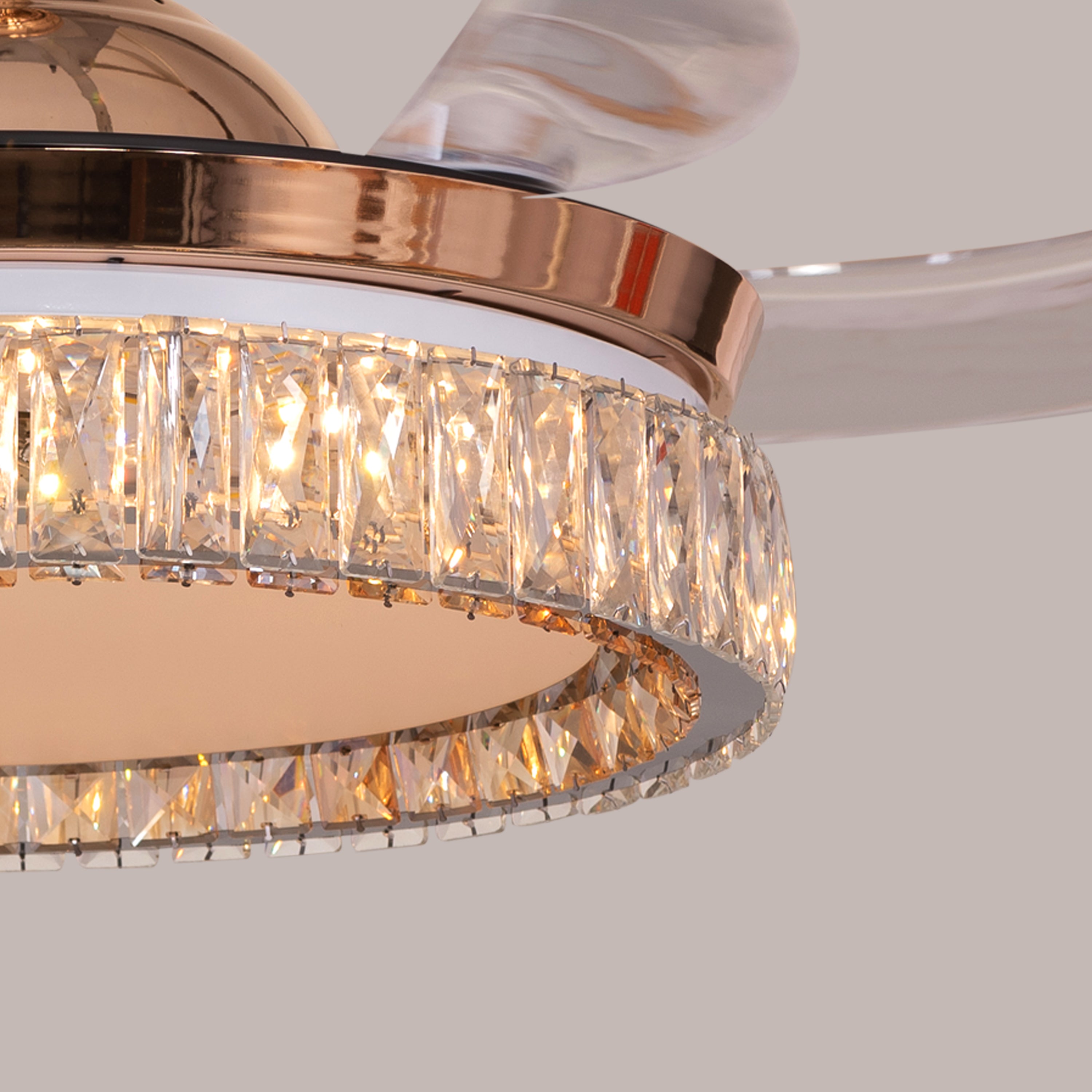 Through The Fire (112 cm Span, Matte Gold Finish Metal Body, Transparent ABS Plastic) 3 Color LED With Remote Control Crystal Chandelier Ceiling Fan