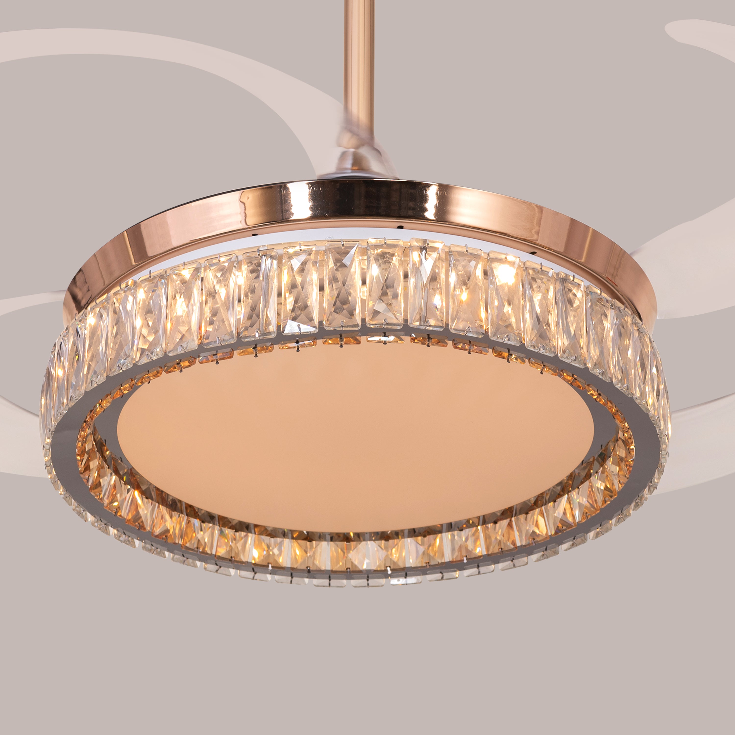 Through The Fire (112 cm Span, Matte Gold Finish Metal Body, Transparent ABS Plastic) 3 Color LED With Remote Control Crystal Chandelier Ceiling Fan
