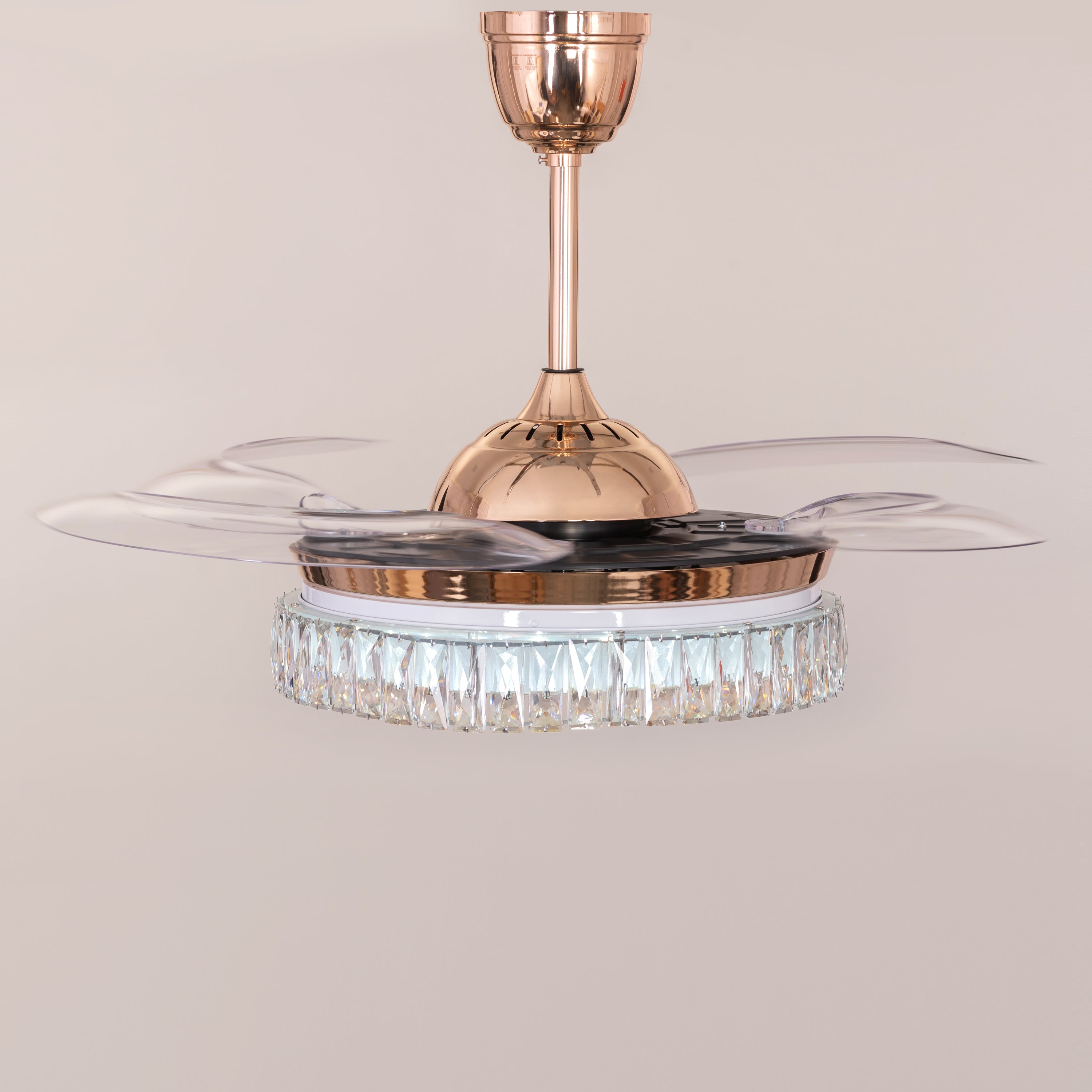 Through The Fire (112 cm Span, Matte Gold Finish Metal Body, Transparent ABS Plastic) 3 Color LED With Remote Control Crystal Chandelier Ceiling Fan