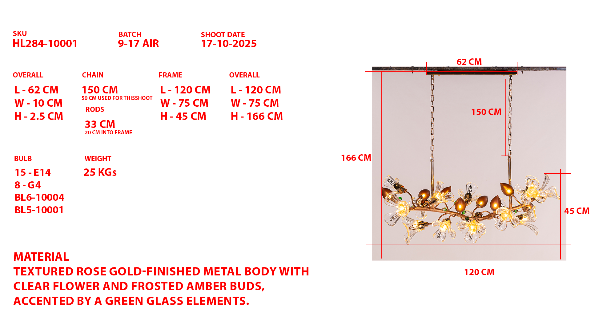 Harubana Splash (Medium, Rose Gold, Clear & Amber) Textured Glass Chandelier