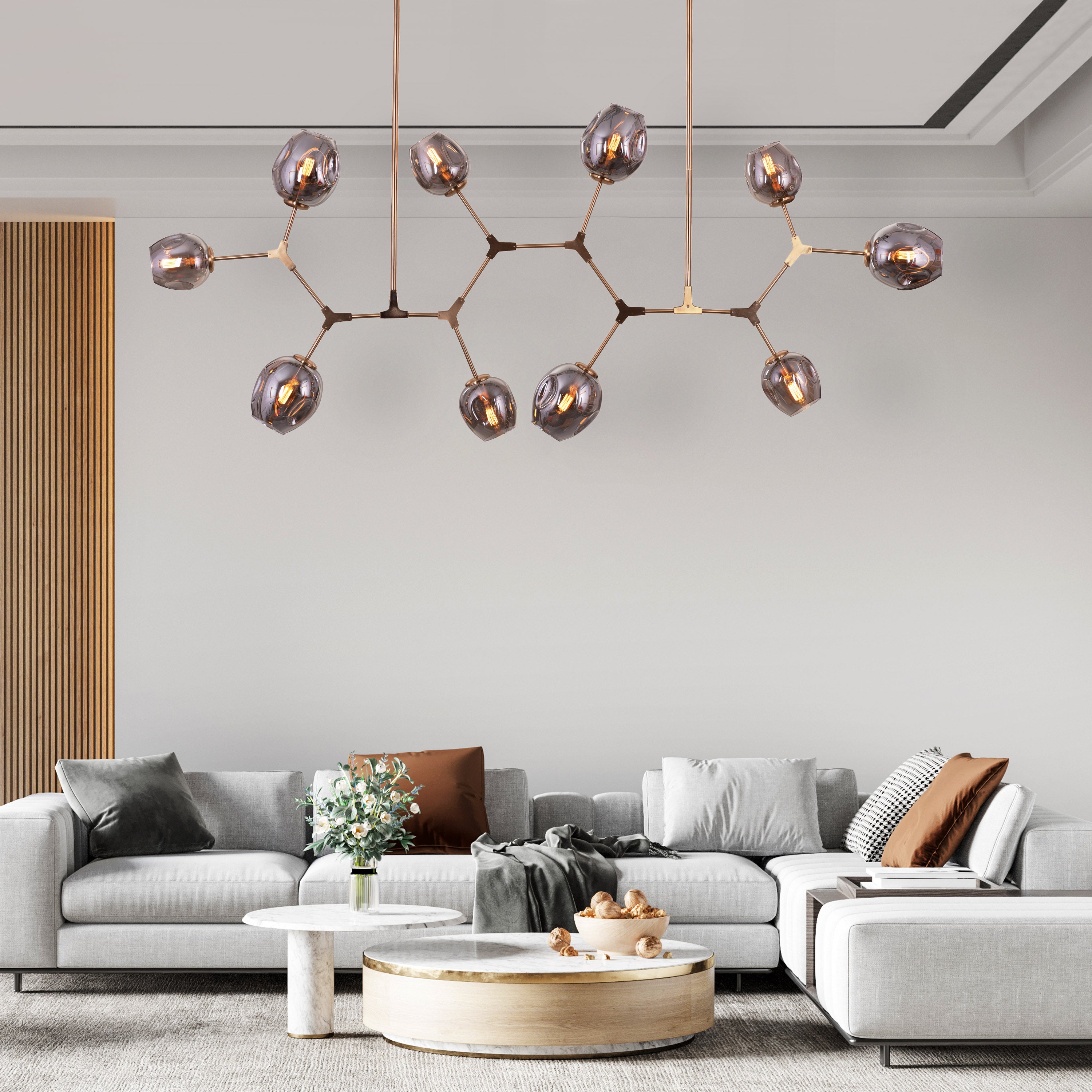 Games People Play (Large, Gold, Smokey Grey, 10 Head) Glass Chandelier