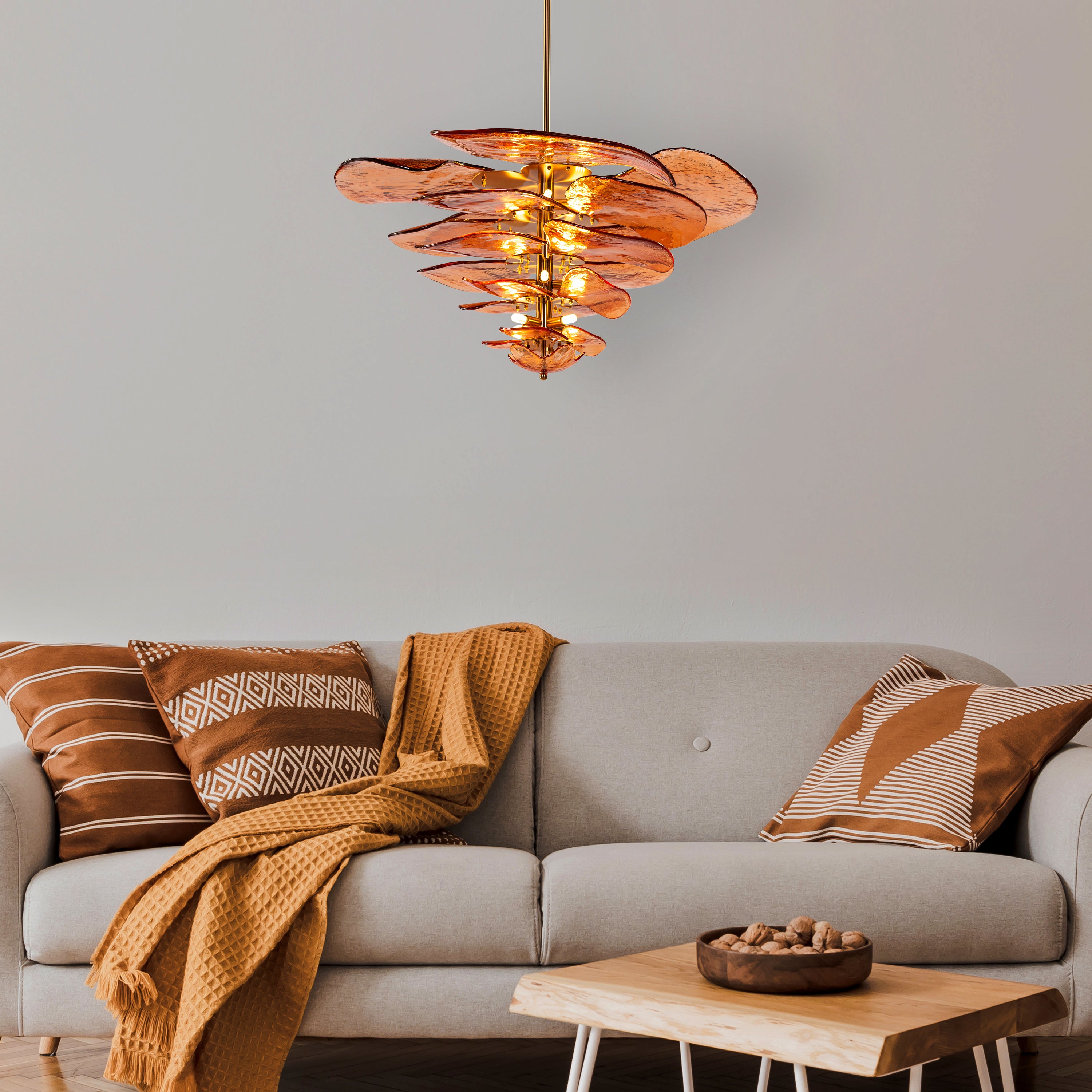 Luminous Lotus (Large, Gold, Amber) Tinted Glass Chandelier