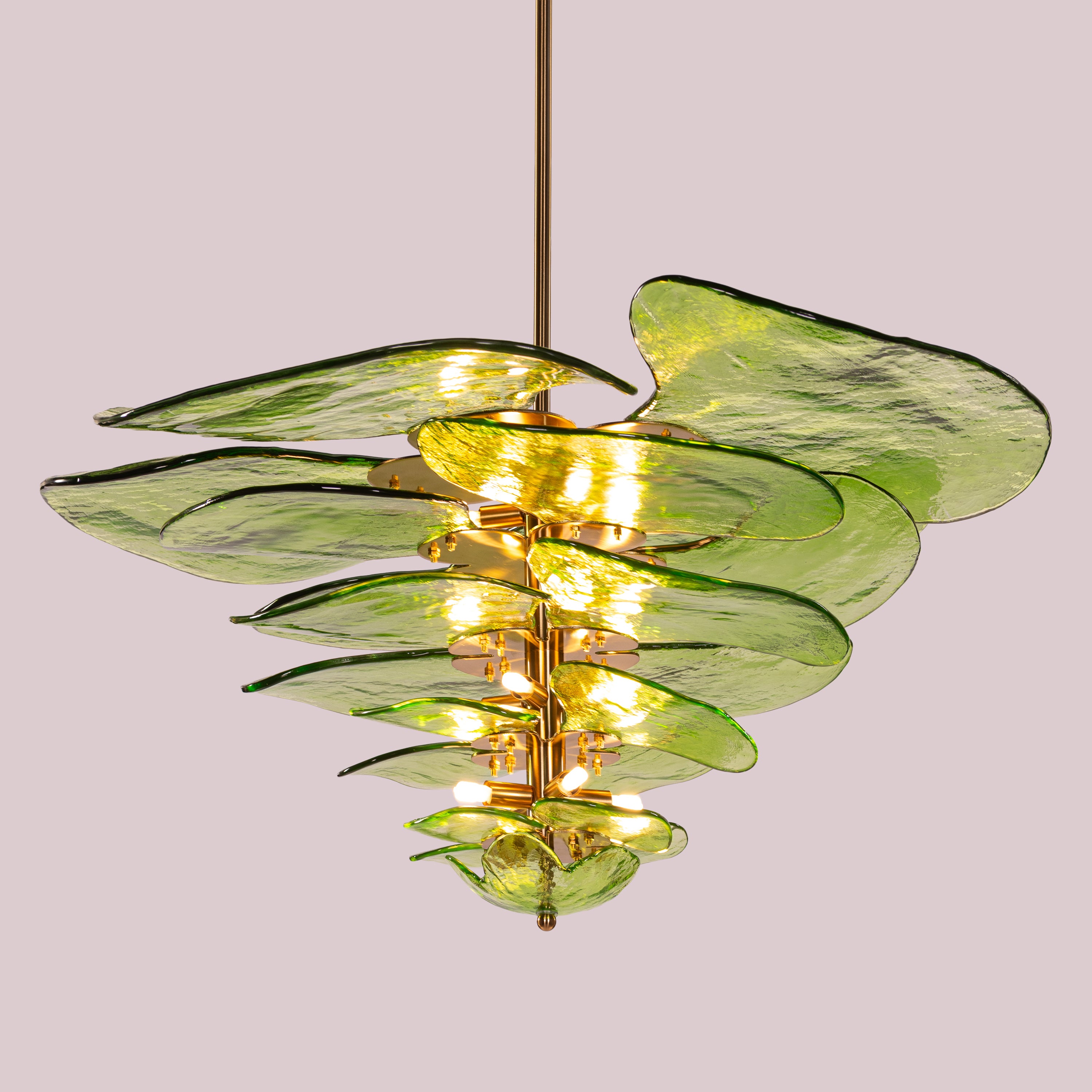 Luminous Lotus (Large, Gold, Green) Tinted Glass Chandelier