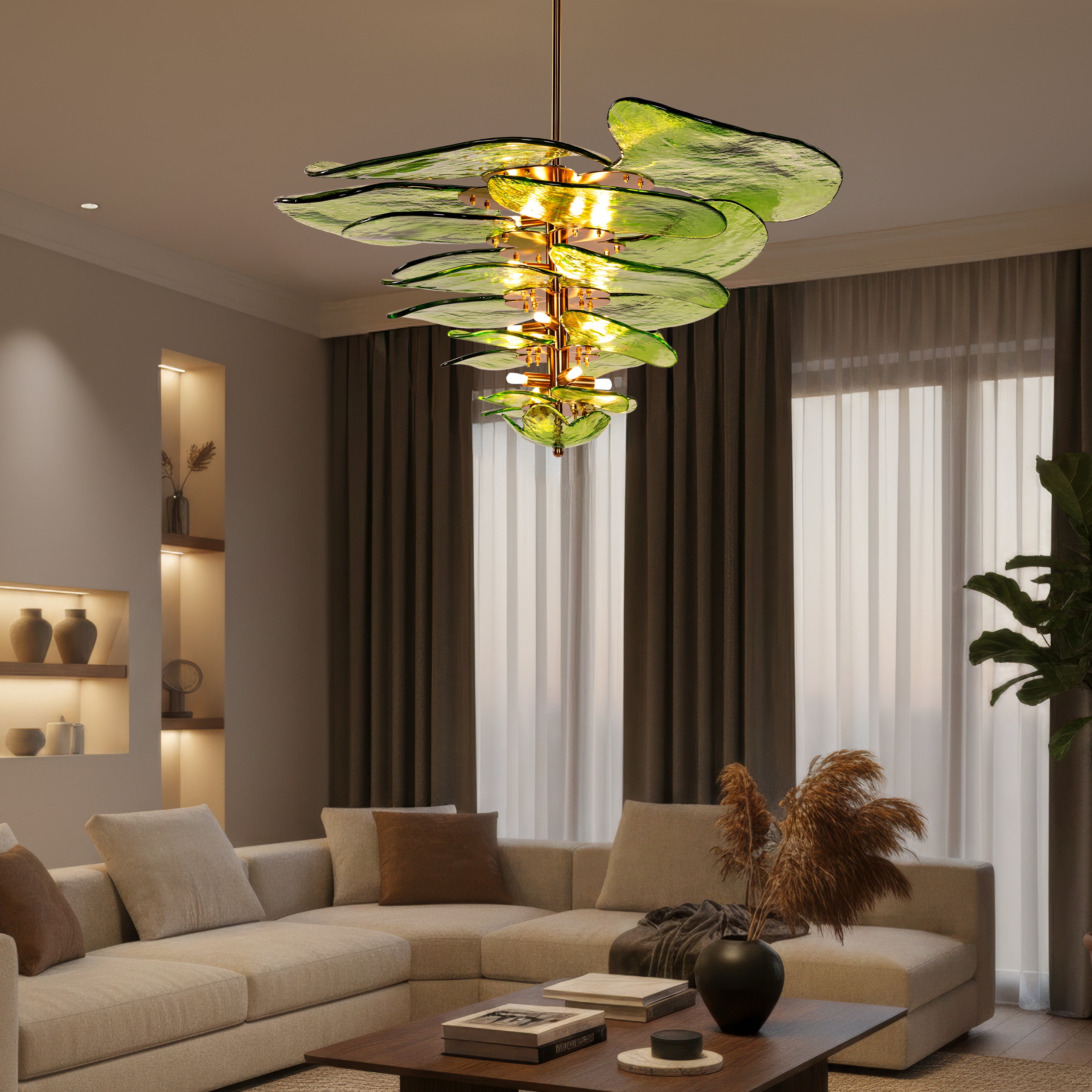 Luminous Lotus (Large, Gold, Green) Tinted Glass Chandelier