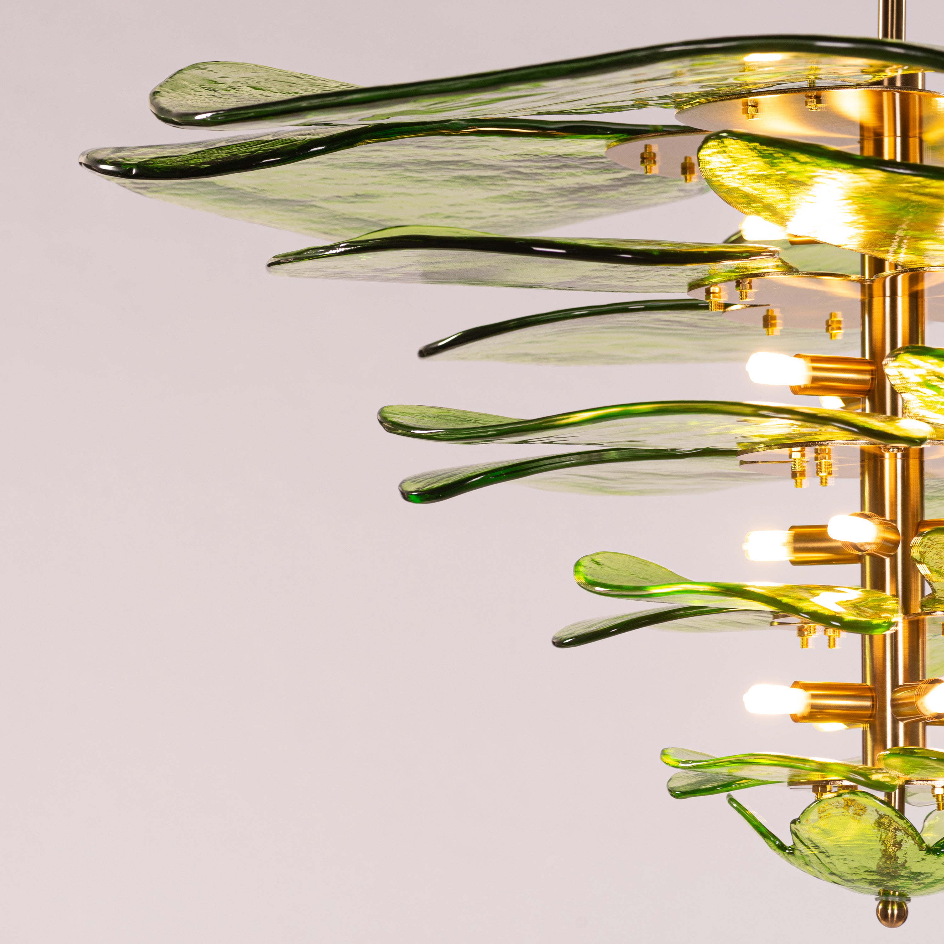 Luminous Lotus (Large, Gold, Green) Tinted Glass Chandelier