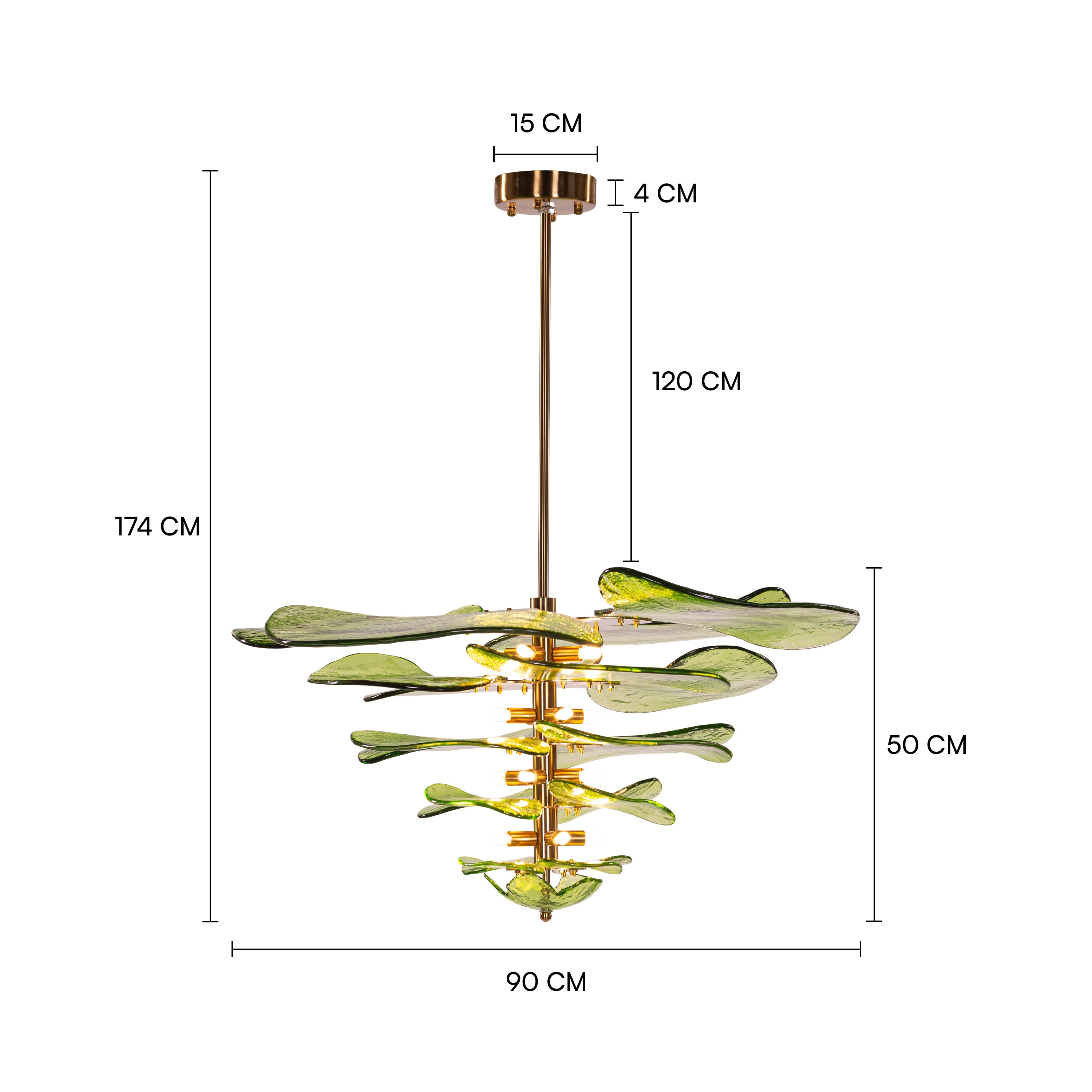 Luminous Lotus (Large, Gold, Green) Tinted Glass Chandelier