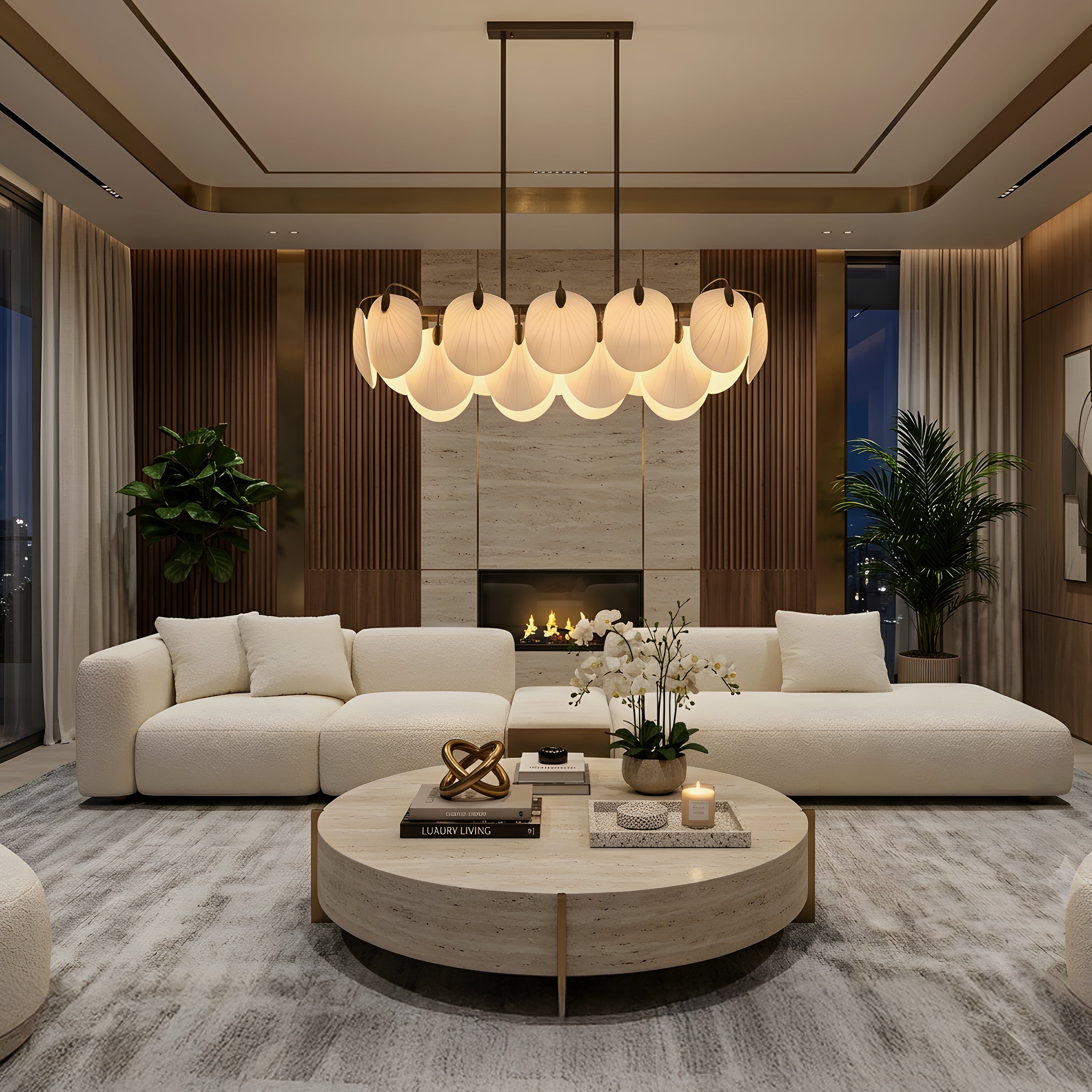 Petaline (Long, Brown, White) Ceramic Chandelier