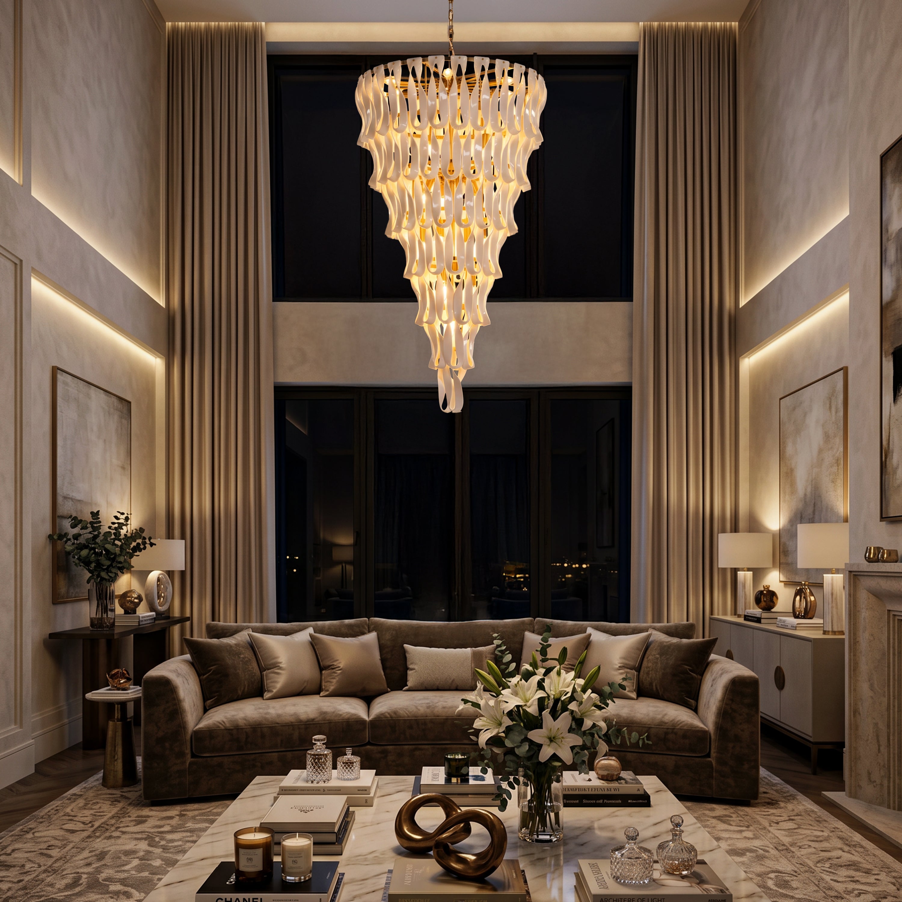 Vera (Gold, White) Ceramic Double Height Chandelier