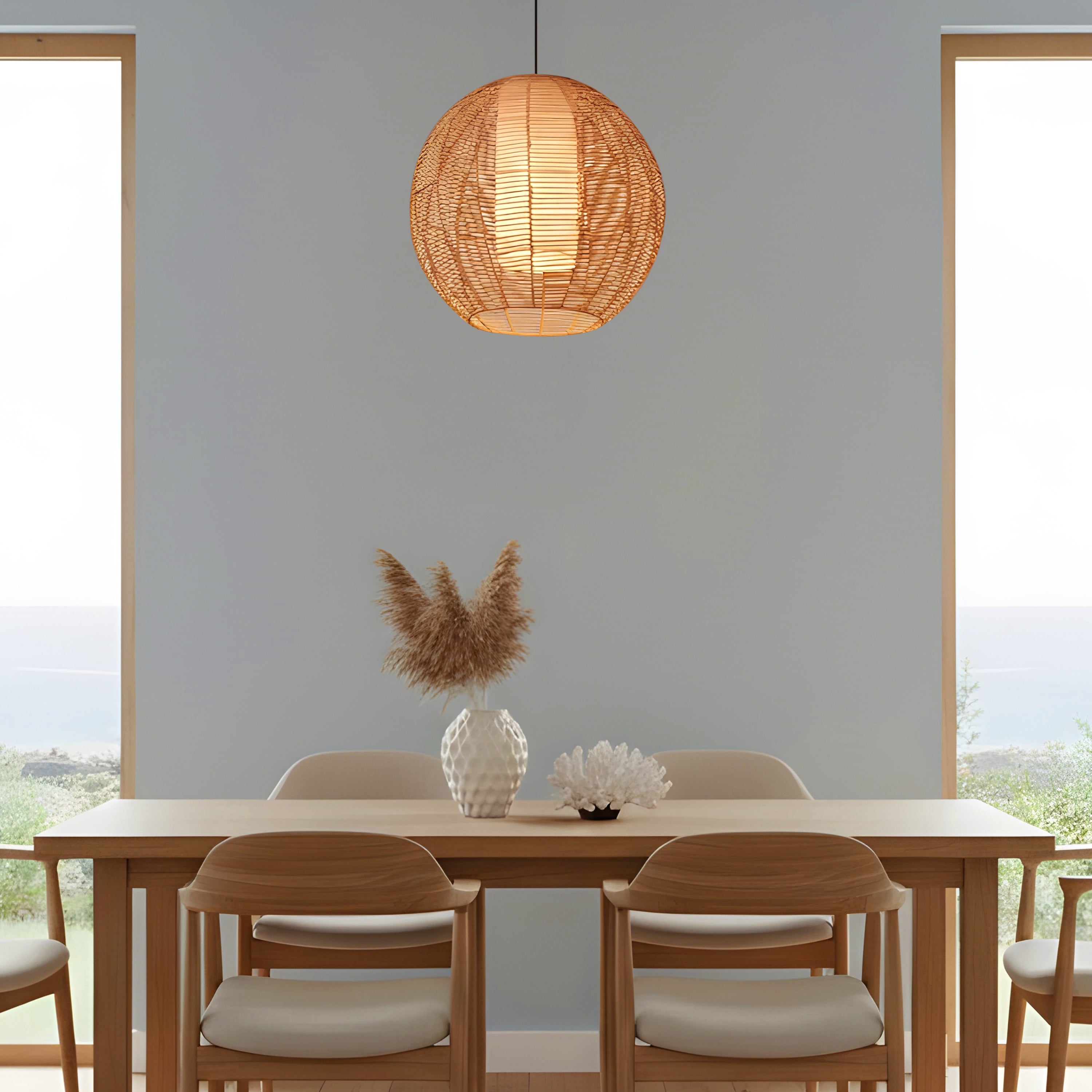 Sunlight Shore (Round, Beige) Rattan Pendant Light