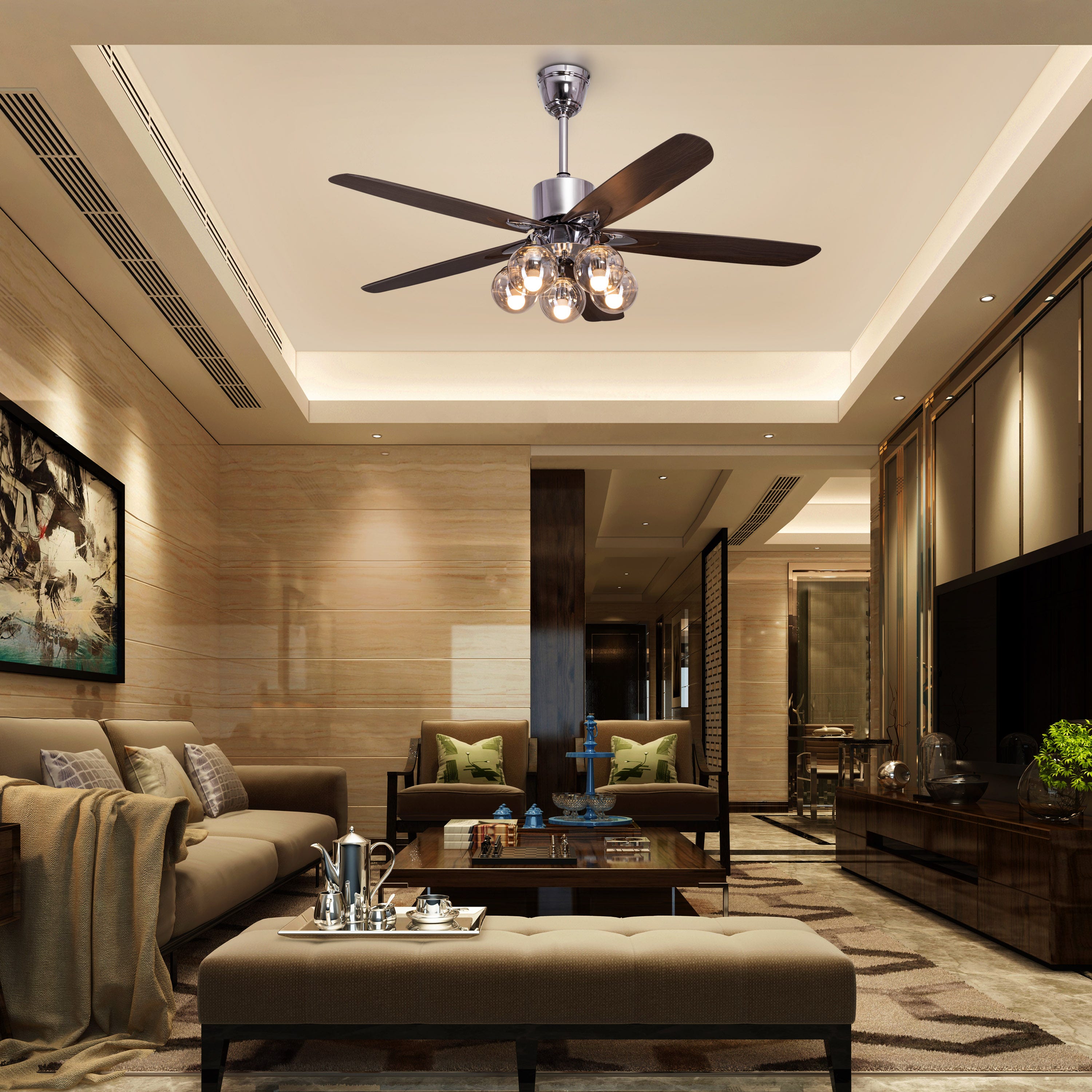 Bond Street (137 cm Span, Chrome Finish Metal Body, Walnut Finish ABS Blades) Chandelier Ceiling Fan