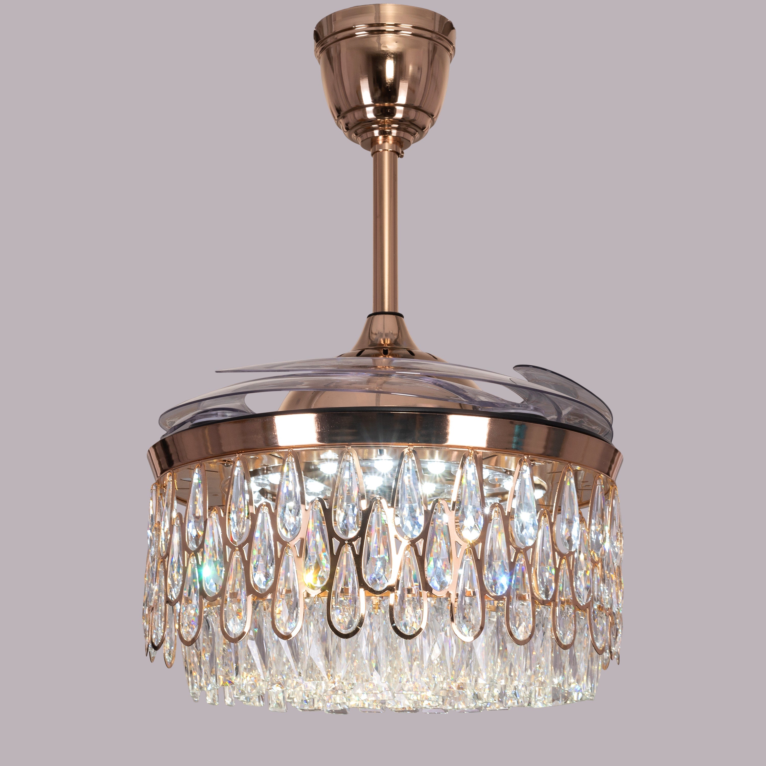 Flight Of Fancy (112 cm Span, Matte Gold Finish Metal Body, Transparent ABS Blades) Dimmable LEd With Remote Control Crystal Chandelier Ceiling Fan