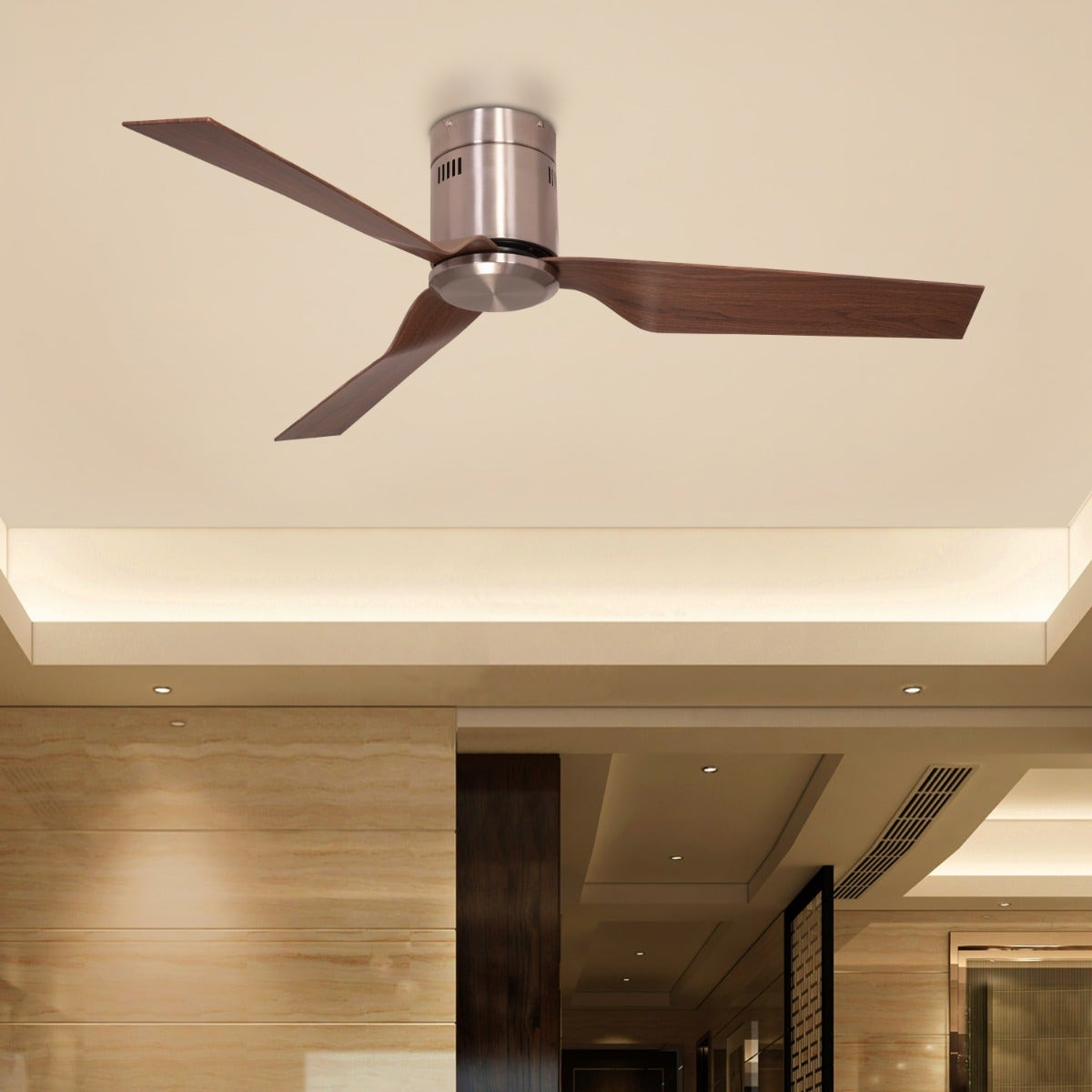 Saratoga (127 cm Span, Chrome Finish Metal Body, Teak Wood Finish ABS Blades) Ceiling Fan