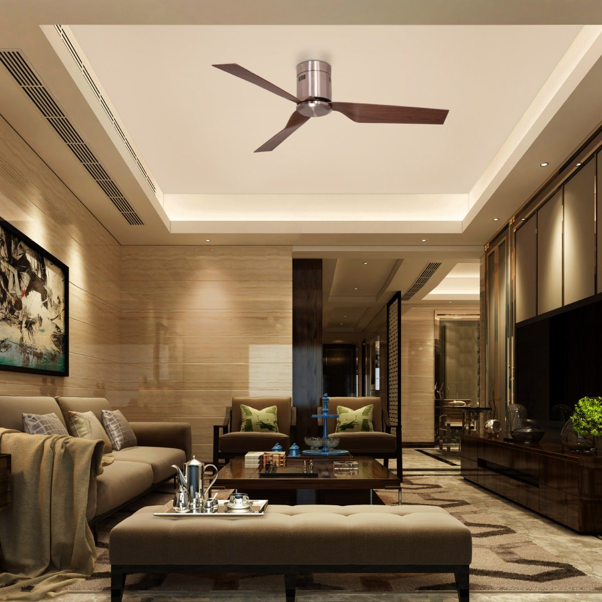Saratoga (127 cm Span, Chrome Finish Metal Body, Teak Wood Finish ABS Blades) Ceiling Fan