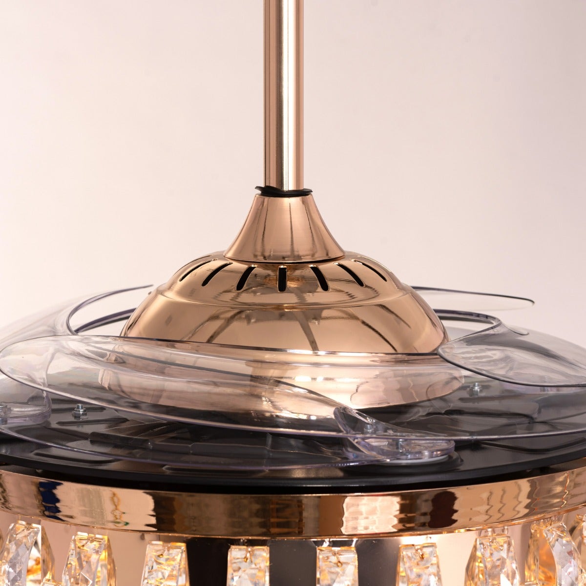 Major Missing (112 cm Span, Matte Gold Finish Metal Body, Transparent ABS Blades) Dimmable LED With Remote Control Crystal Chandelier Ceiling Fan