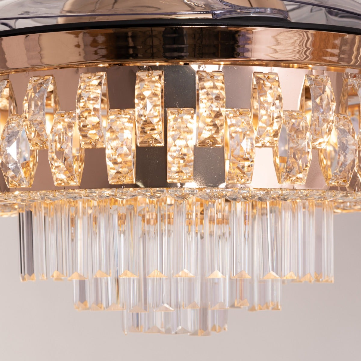 Major Missing (112 cm Span, Matte Gold Finish Metal Body, Transparent ABS Blades) Dimmable LED With Remote Control Crystal Chandelier Ceiling Fan