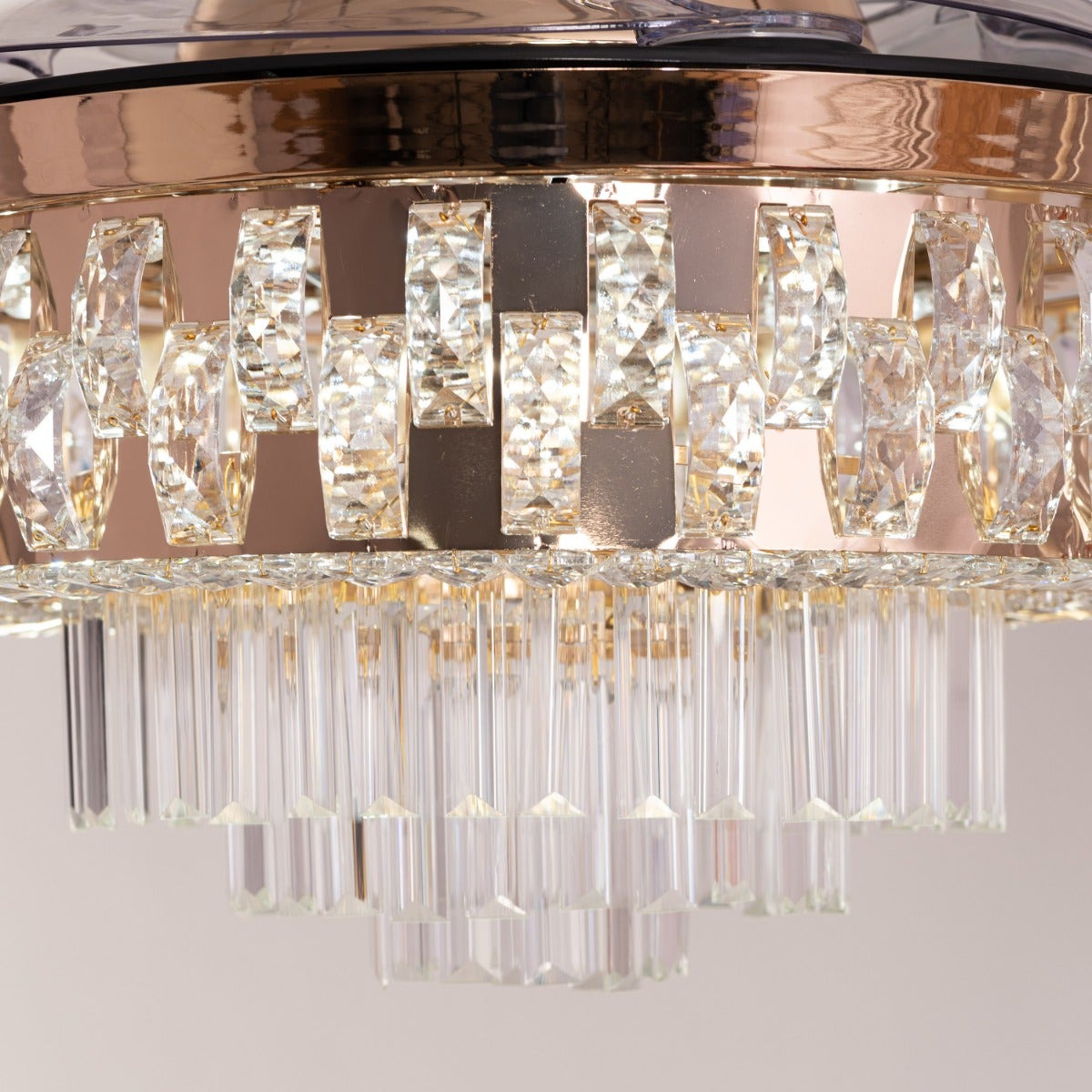 Major Missing (112 cm Span, Matte Gold Finish Metal Body, Transparent ABS Blades) Dimmable LED With Remote Control Crystal Chandelier Ceiling Fan