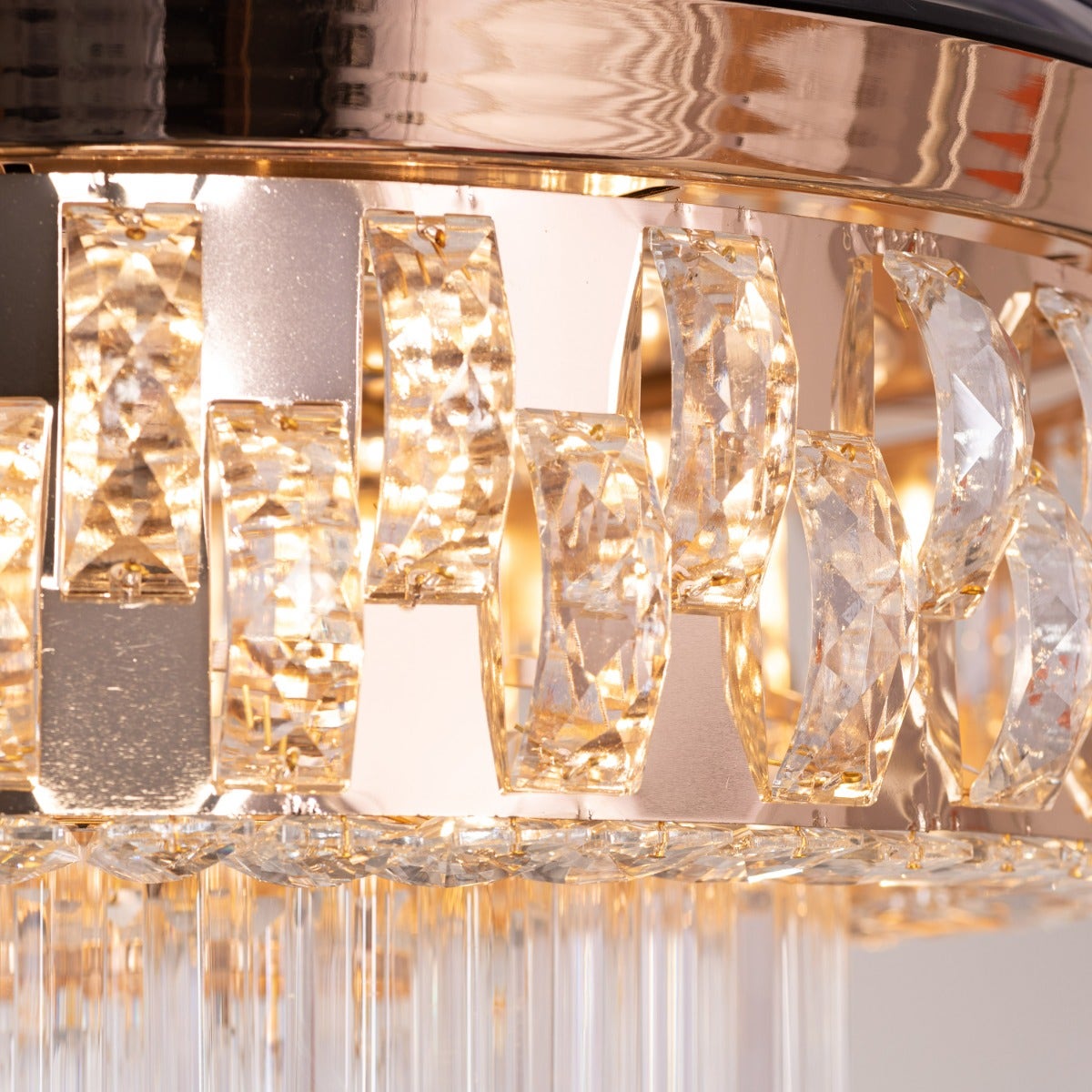 Major Missing (112 cm Span, Matte Gold Finish Metal Body, Transparent ABS Blades) Dimmable LED With Remote Control Crystal Chandelier Ceiling Fan