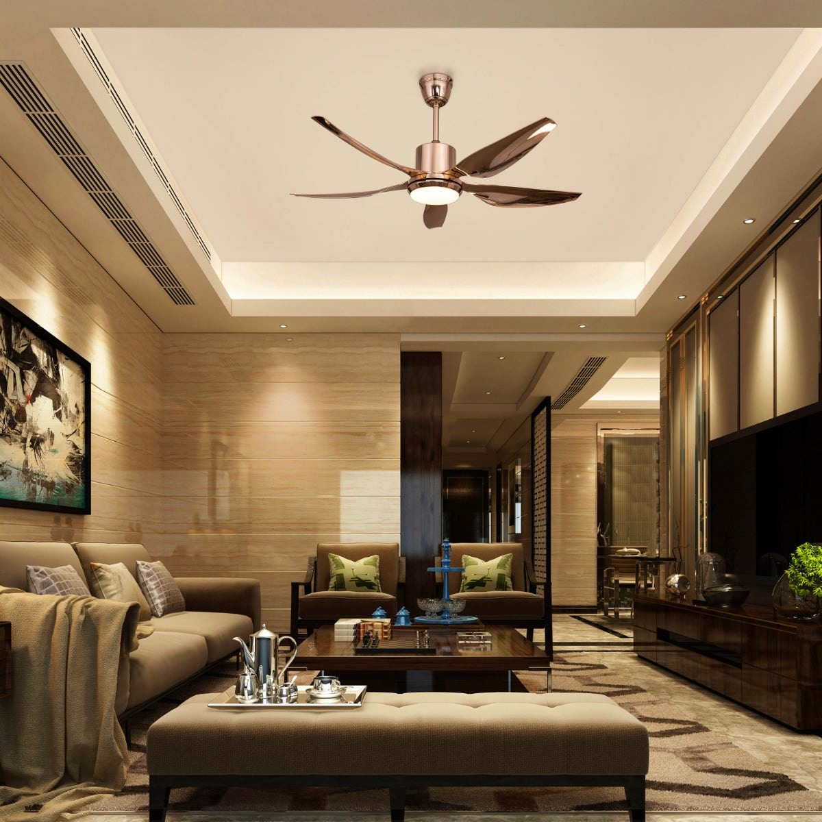 Revisited (137 cm Span, Gold Finish Metal Body, Gold Finish ABS Blades) Dimmable LED With Remote Control Ceiling Fan