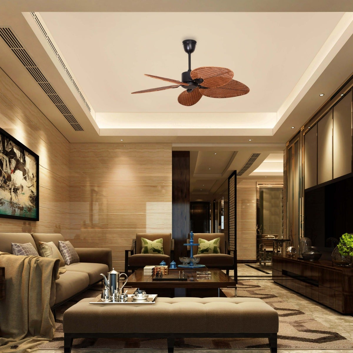 Florida Keys (132 cm Span, Black Finish Metal Body, Woven Cane On A Metal Frame) Ceiling Fan