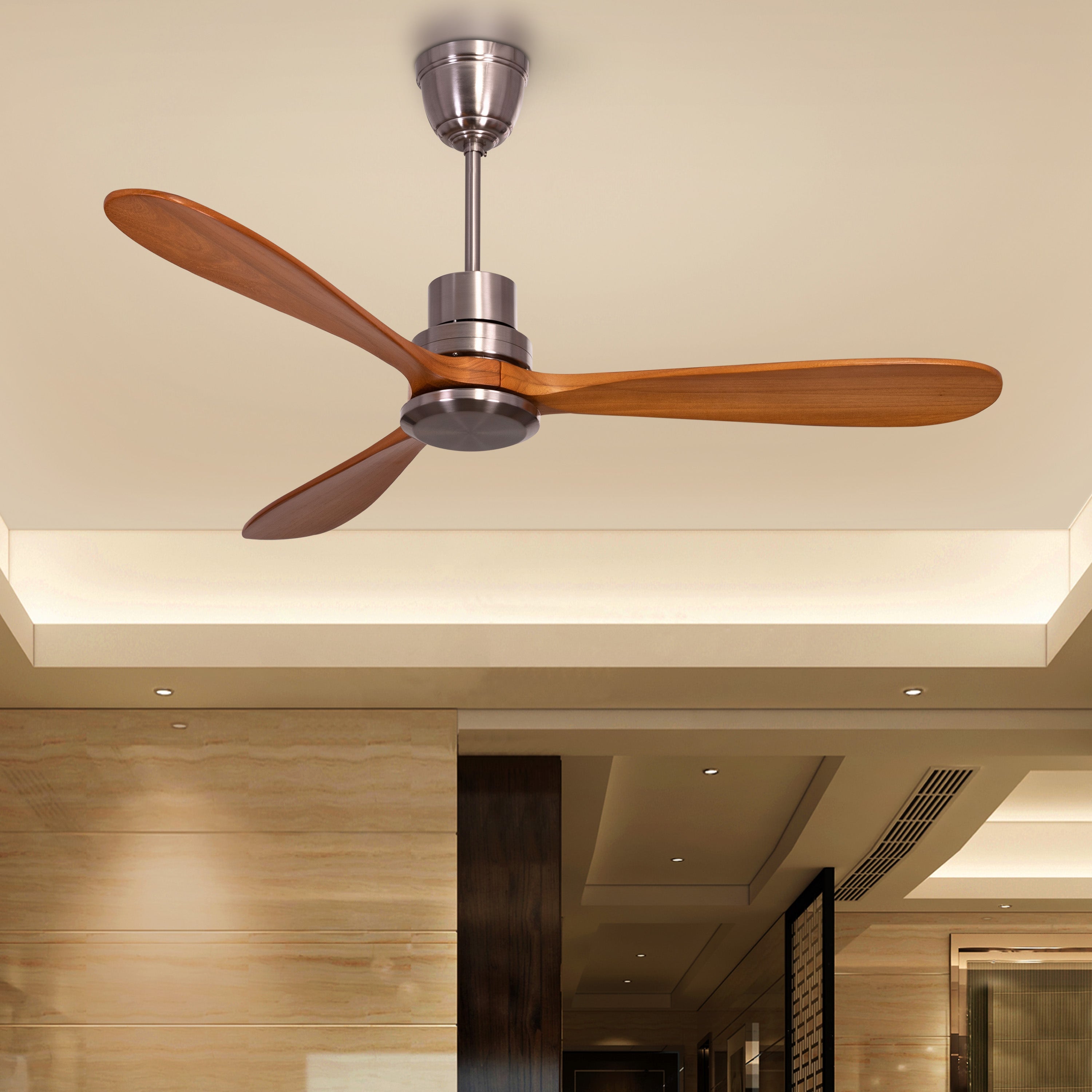 Glen Meadow (132 cm Span, Chrome Finish Metal Body, Teak Finish Solid Wood Blades) Ceiling Fan