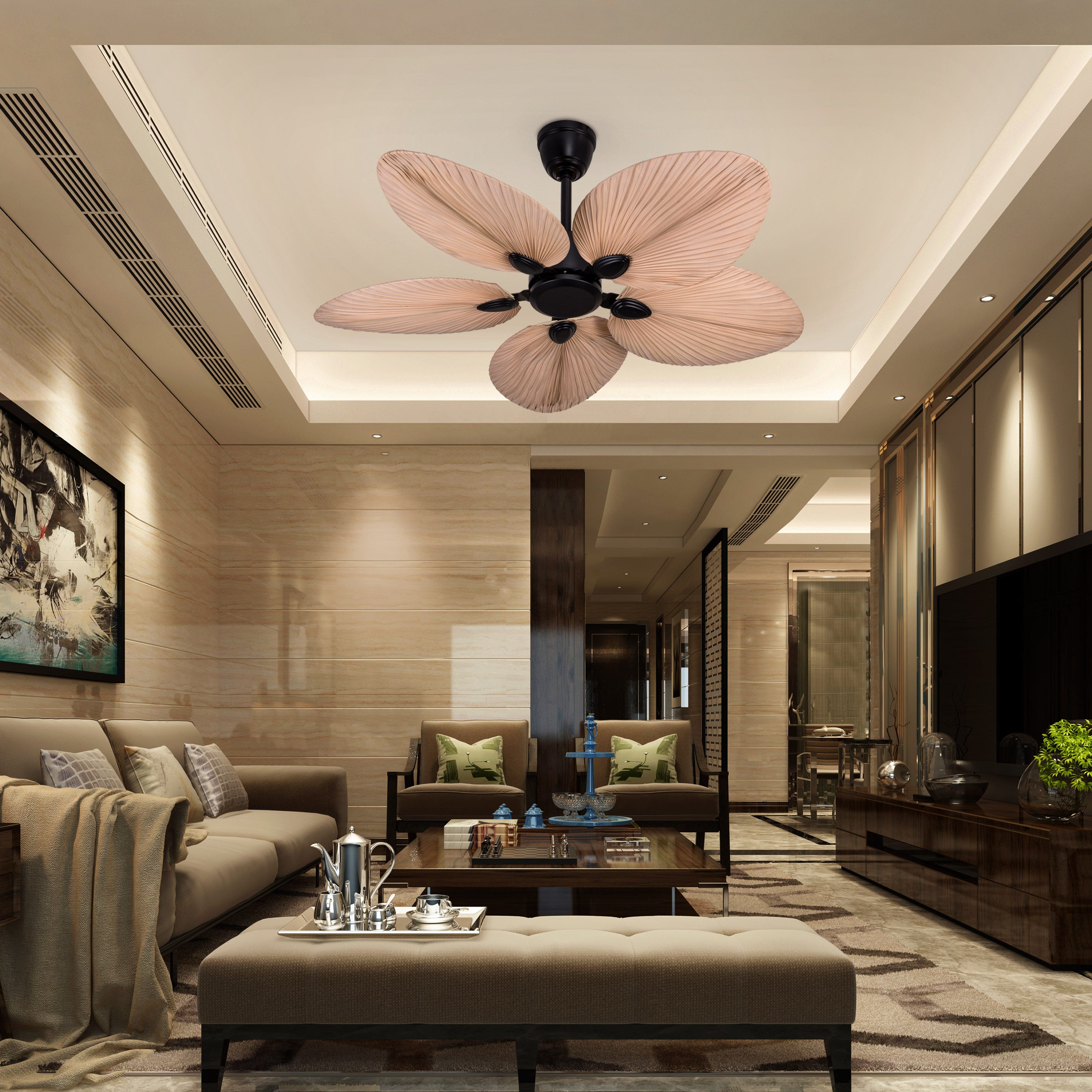 Palm Springs (122 cm Span, Black Metal Body, Rattan Wood Processed Dry Palm Tree Leaves) Ceiling Fan