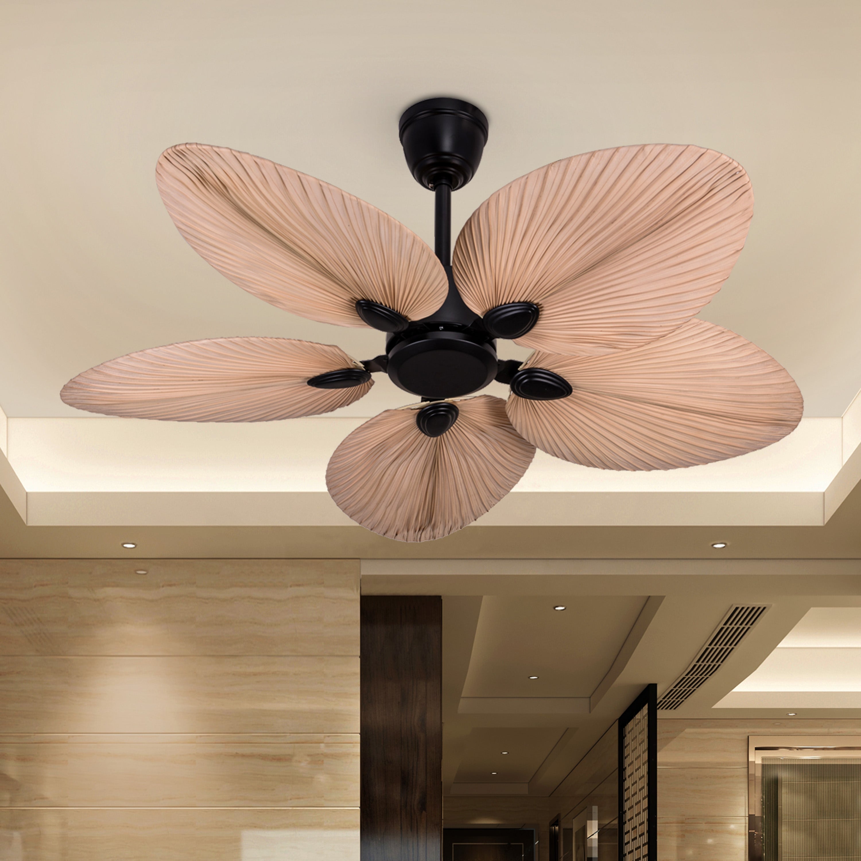 Palm Springs (122 cm Span, Black Metal Body, Rattan Wood Processed Dry Palm Tree Leaves) Ceiling Fan