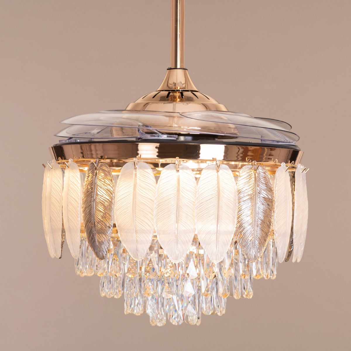 Silver Lining (112 cm Span, Matte Gold Finish Metal Body, Transparent ABS Blades) Dimmable LED With Remote Control Crystal Chandelier Ceiling Fan