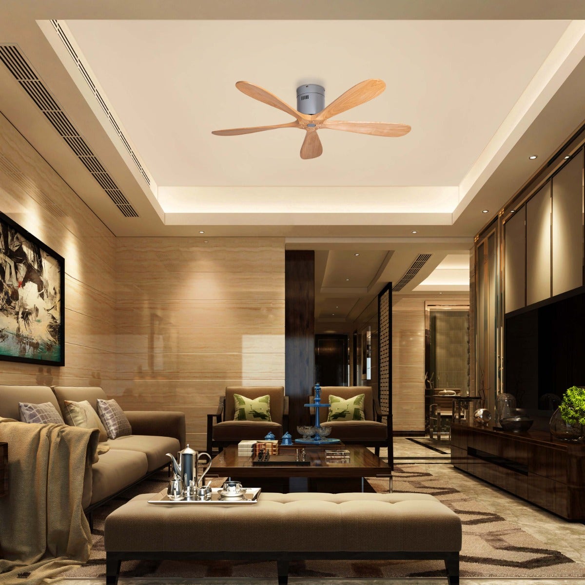 Carmel (132 cm Span, Grey Finish Metal Body, Maple Wood Finish Wooden Blades) Ceiling Fan