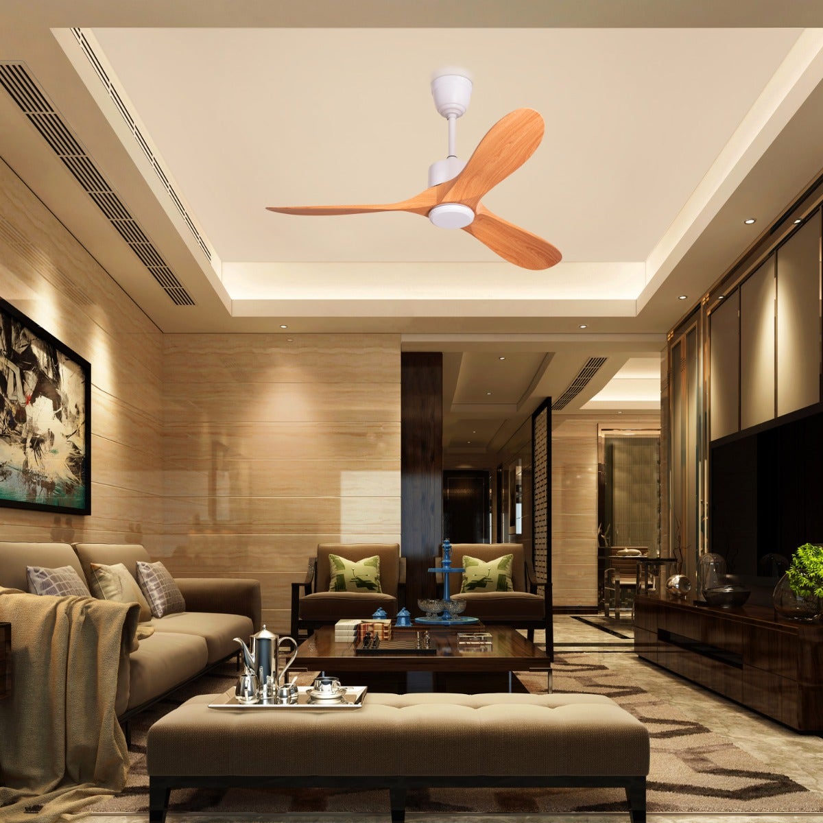Tiburon (132 cm Span,  White Finish Metal Body, Maple Wood Finish ABS Blades) Ceiling Fan