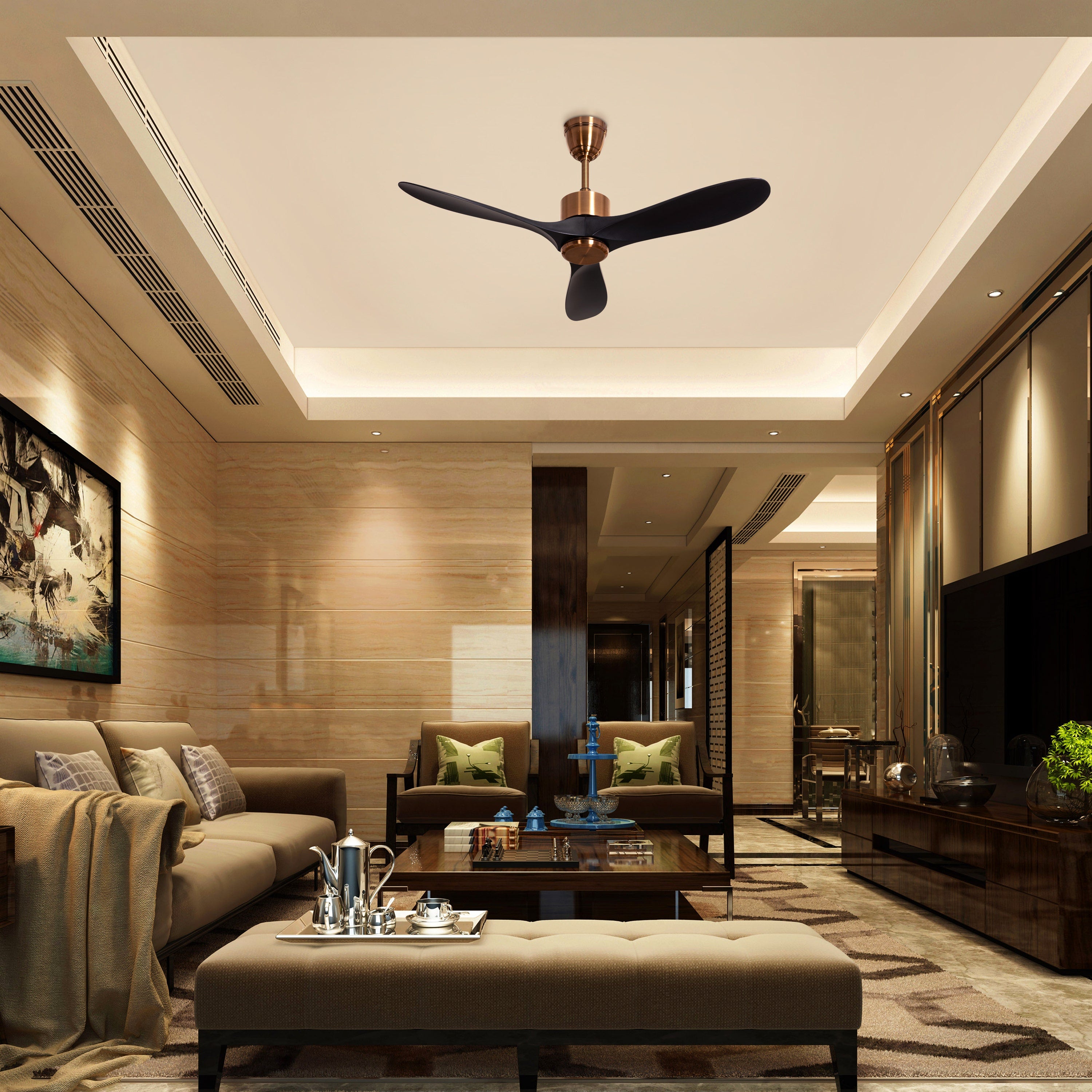 Tiburon (132 cm Span, Matte Gold Finish Metal Body, Black Finish ABS Blades) Ceiling Fan