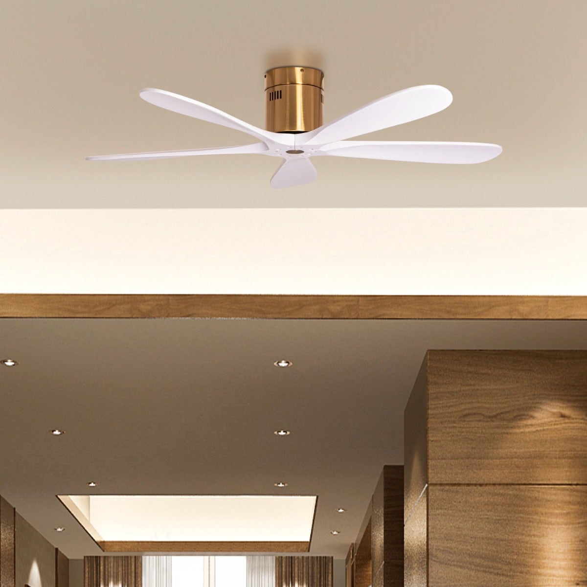 Carmel (132 cm Span, Gold Finish Metal Body, White Finish Wooden Blades) Ceiling Fan