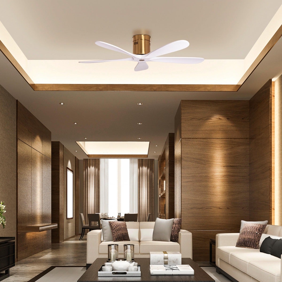 Carmel (132 cm Span, Gold Finish Metal Body, White Finish Wooden Blades) Ceiling Fan