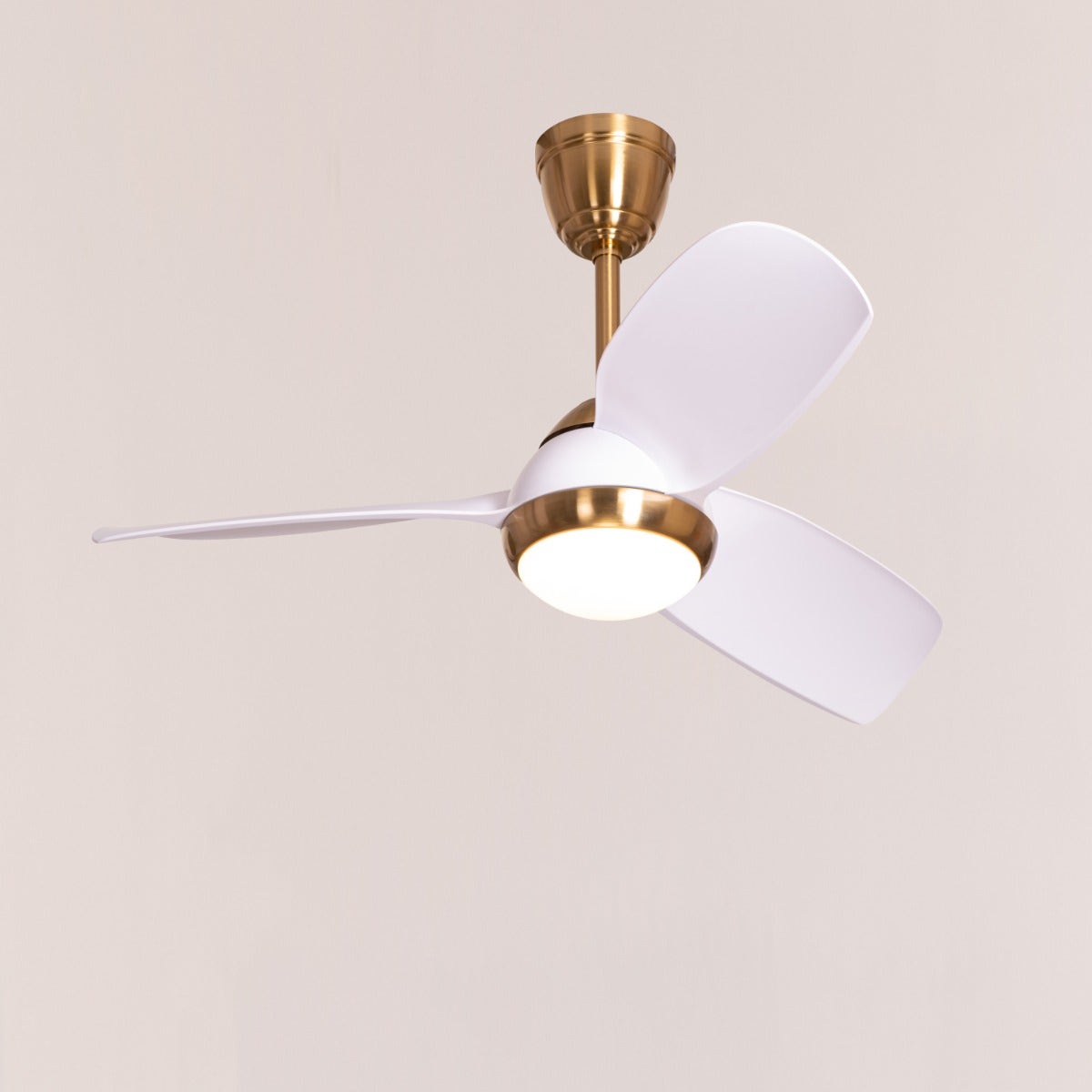 White Meadows (110 cm Span, Gold Finish Metal Body, White Finish ABS Blades) Dimmable LED With Remote Control Ceiling Fan