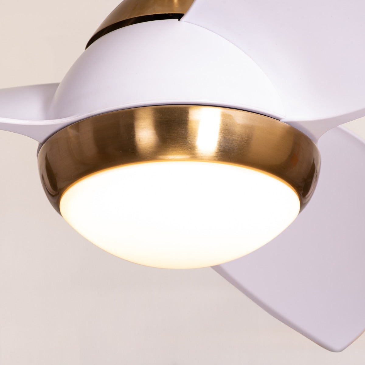 White Meadows (110 cm Span, Gold Finish Metal Body, White Finish ABS Blades) Dimmable LED With Remote Control Ceiling Fan