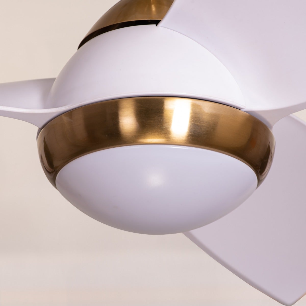 White Meadows (110 cm Span, Gold Finish Metal Body, White Finish ABS Blades) Dimmable LED With Remote Control Ceiling Fan