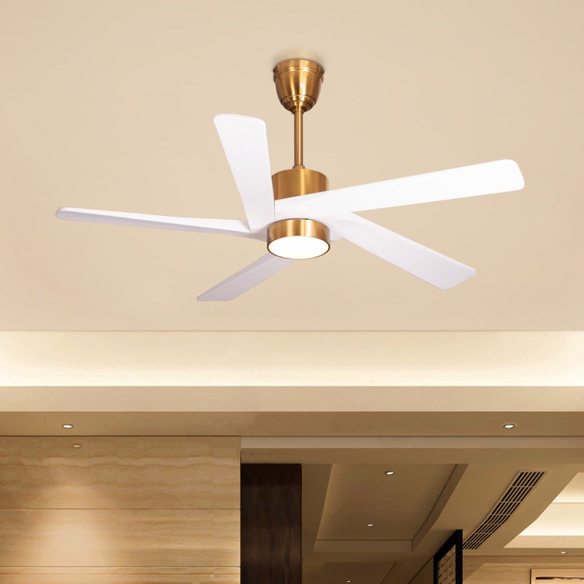 Bangkok Social (140 cm Span, Gold Finish Metal Body, White Finish Wooden Blades) Dimmable LED With Remote Control Ceiling Fan