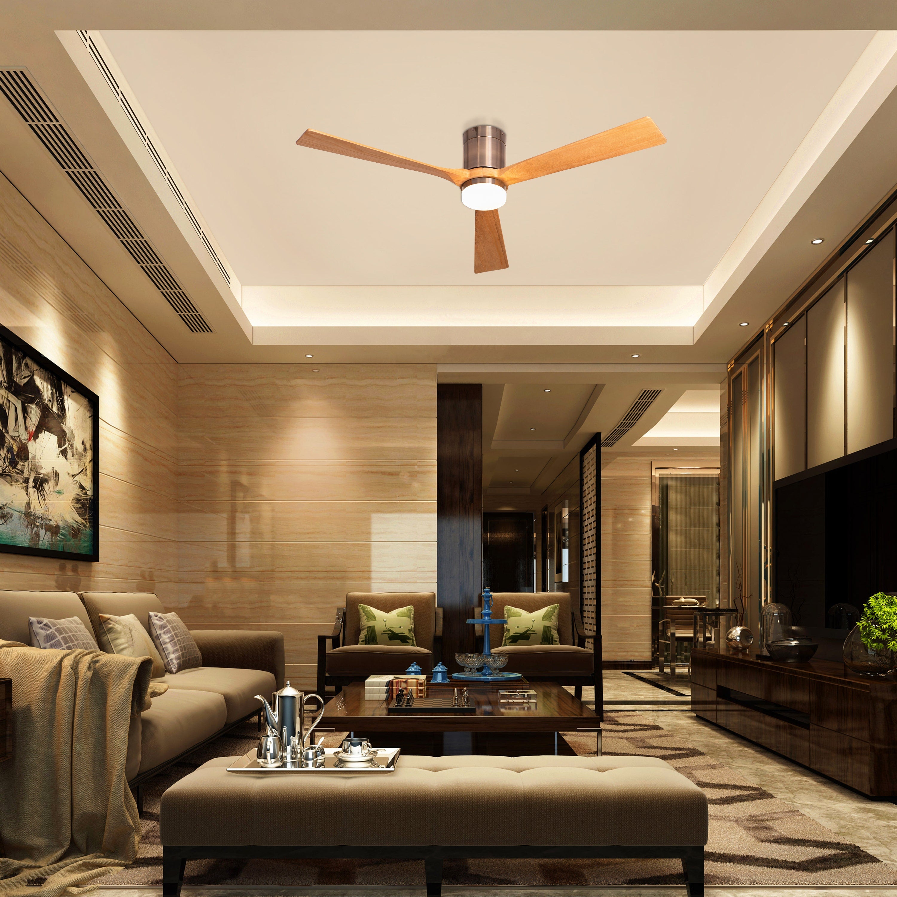 Breakfast In Belgrade (152 cm Span, Metal Body in Chrome Finish, Maple Finish Solid Wood Blades) 3 Color LED With Remote Control Ceiling Fan