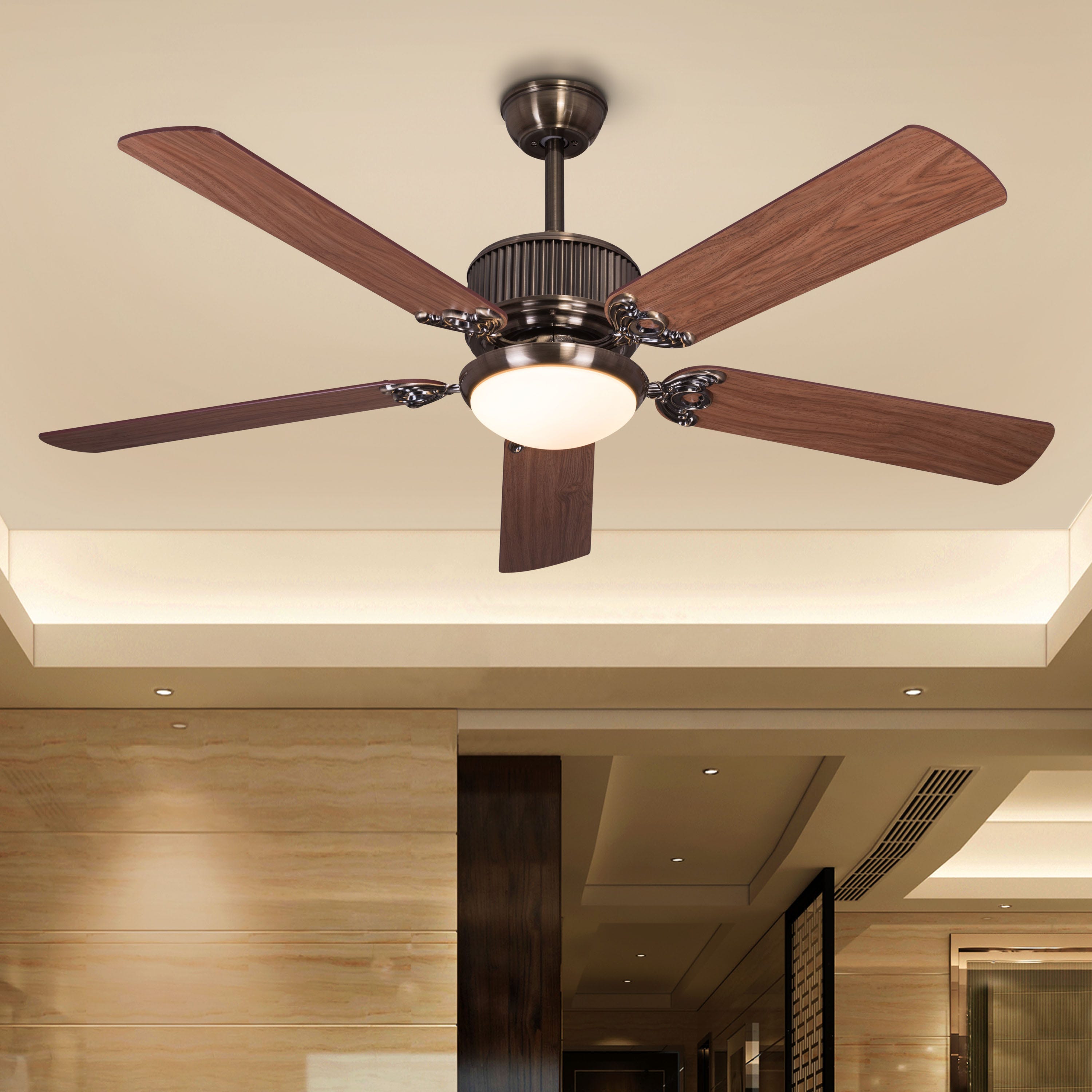 An Upgrade (142 cm Span, Antique Bronze Finish Metal Body, Walnut Finish MDF Blades) Dimmable LED With Remote Control Ceiling Fan