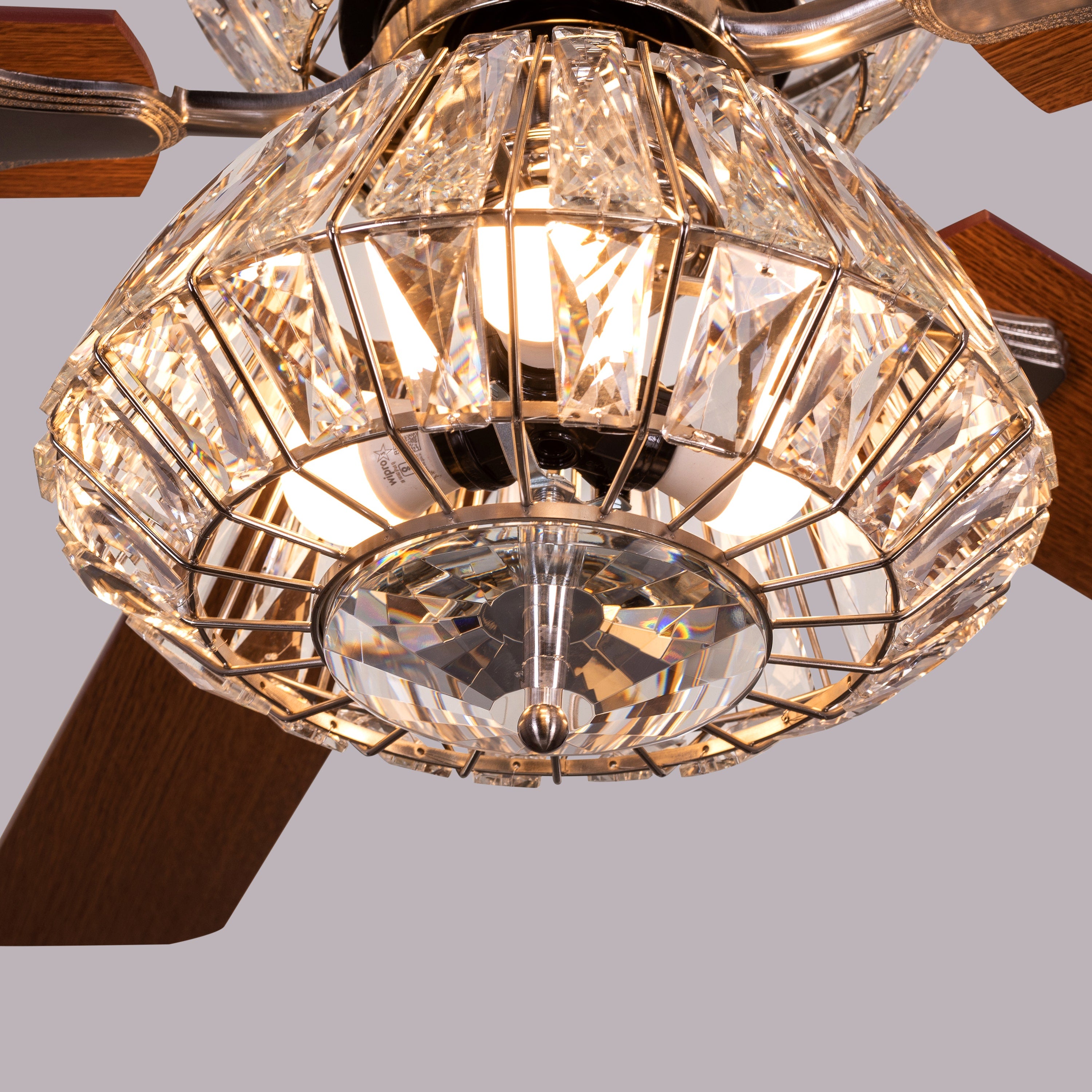 Embellished (132 cm Span, Chrome Finish Metal Body, Mahogany Finish Wooden Blade) Crystal Chandelier Ceiling Fan