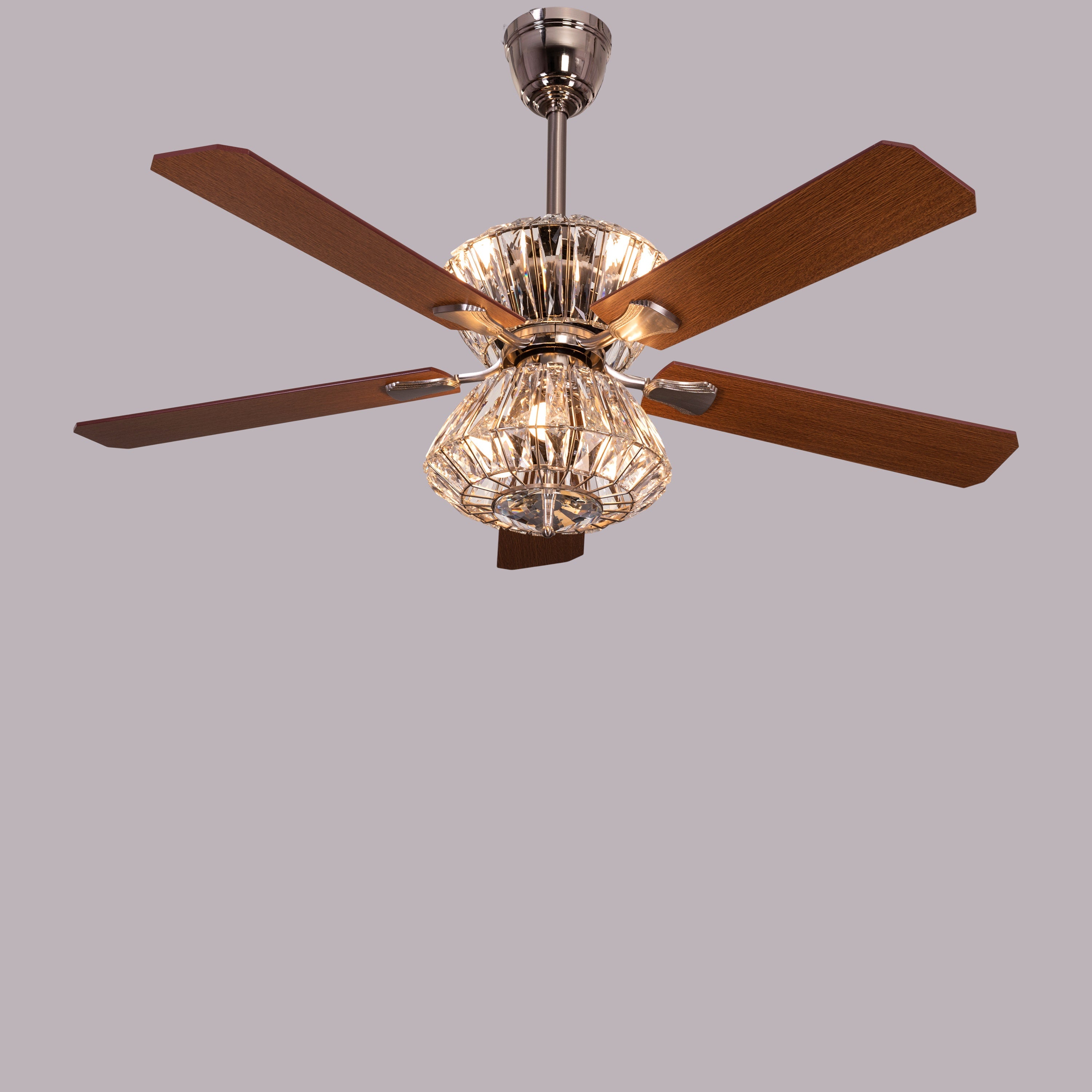 Embellished (132 cm Span, Chrome Finish Metal Body, Mahogany Finish Wooden Blade) Crystal Chandelier Ceiling Fan