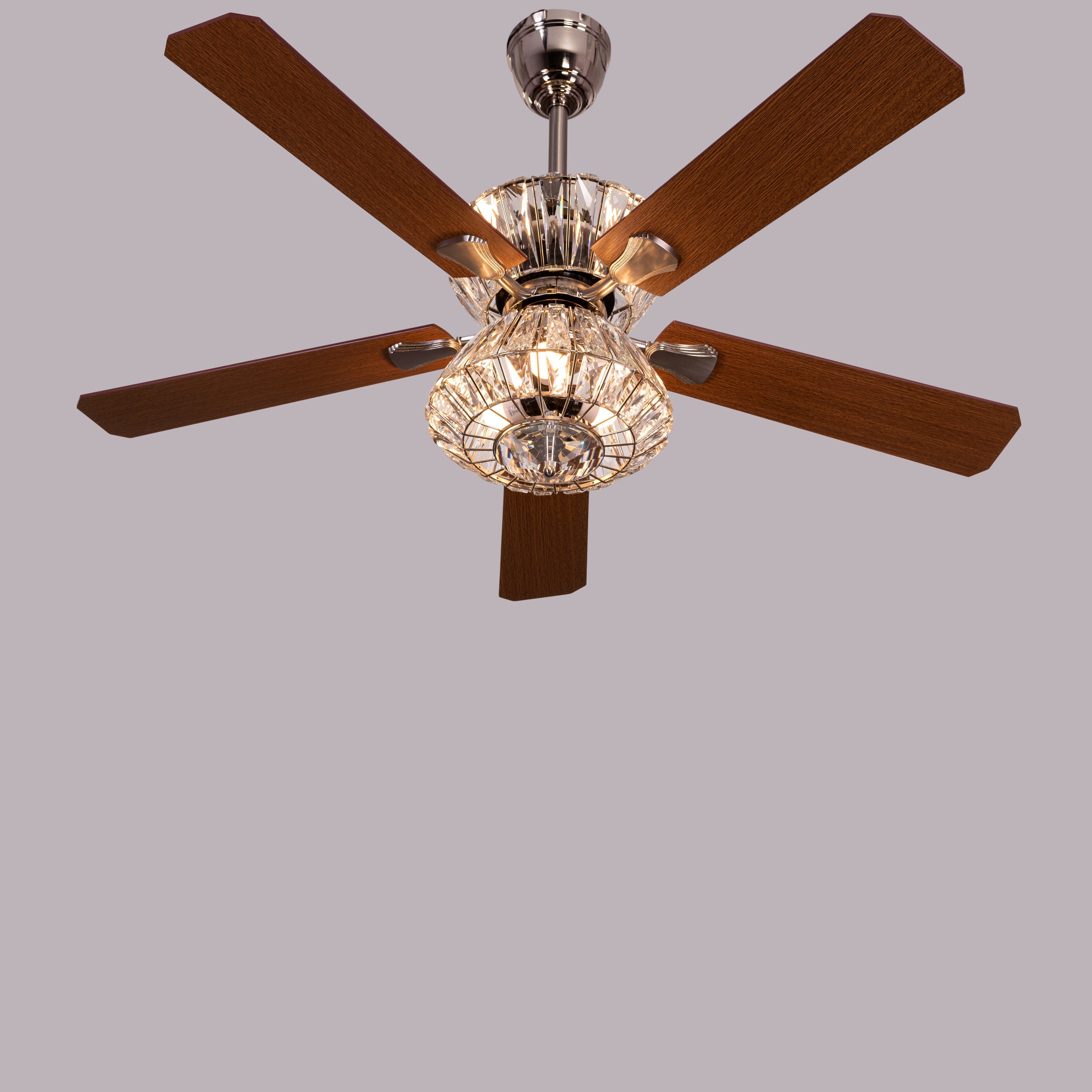 Embellished (132 cm Span, Chrome Finish Metal Body, Mahogany Finish Wooden Blade) Crystal Chandelier Ceiling Fan