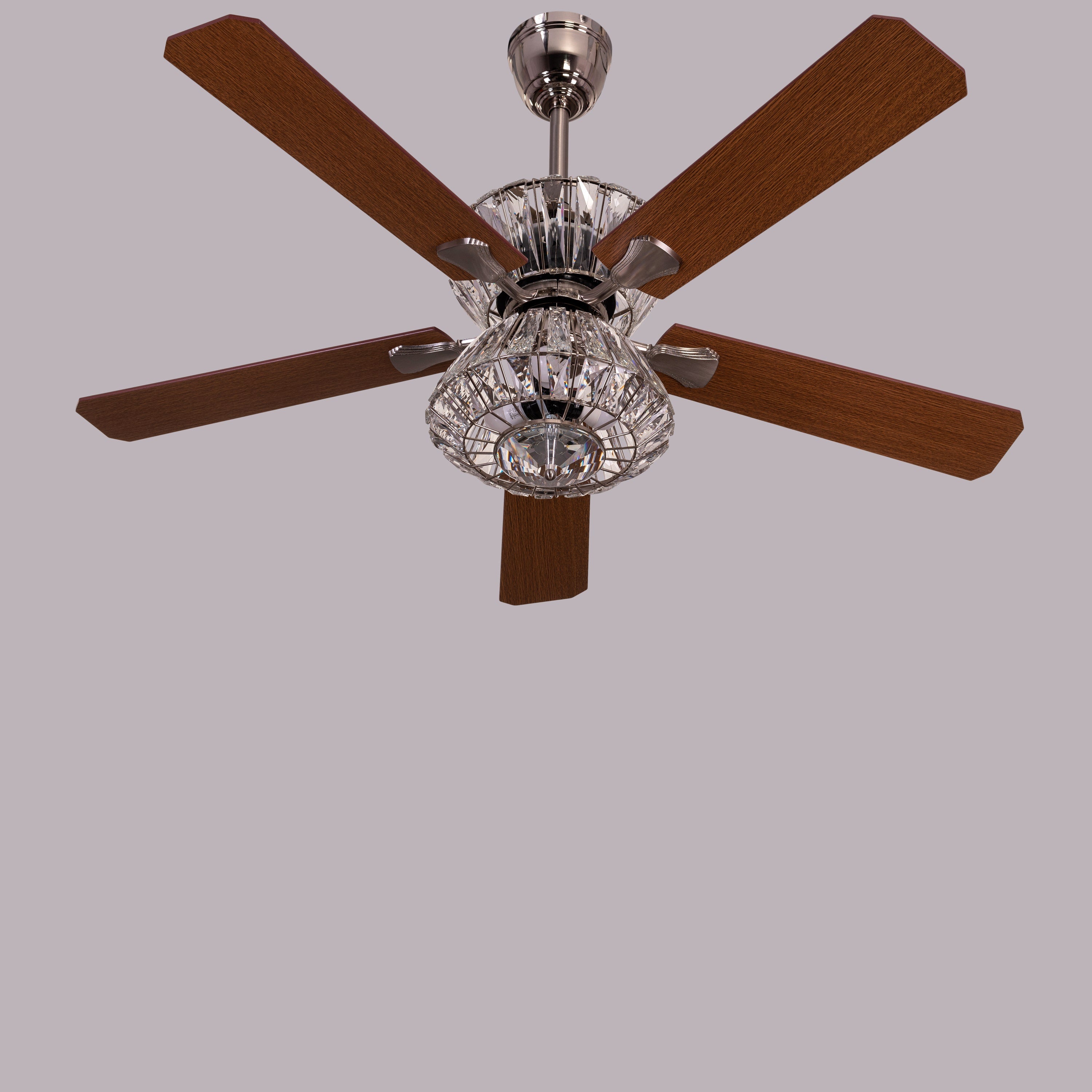 Embellished (132 cm Span, Chrome Finish Metal Body, Mahogany Finish Wooden Blade) Crystal Chandelier Ceiling Fan