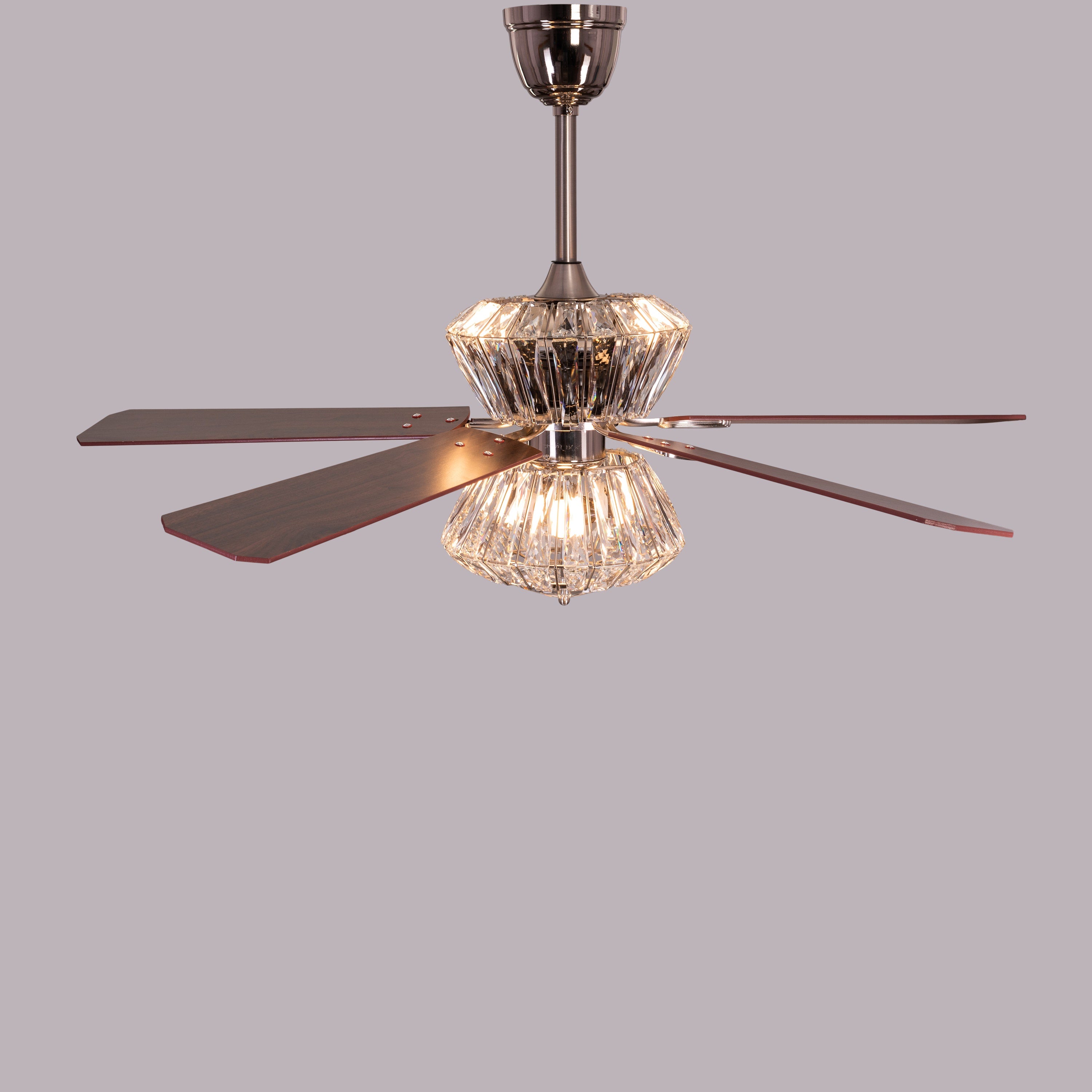 Embellished (132 cm Span, Chrome Finish Metal Body, Mahogany Finish Wooden Blade) Crystal Chandelier Ceiling Fan