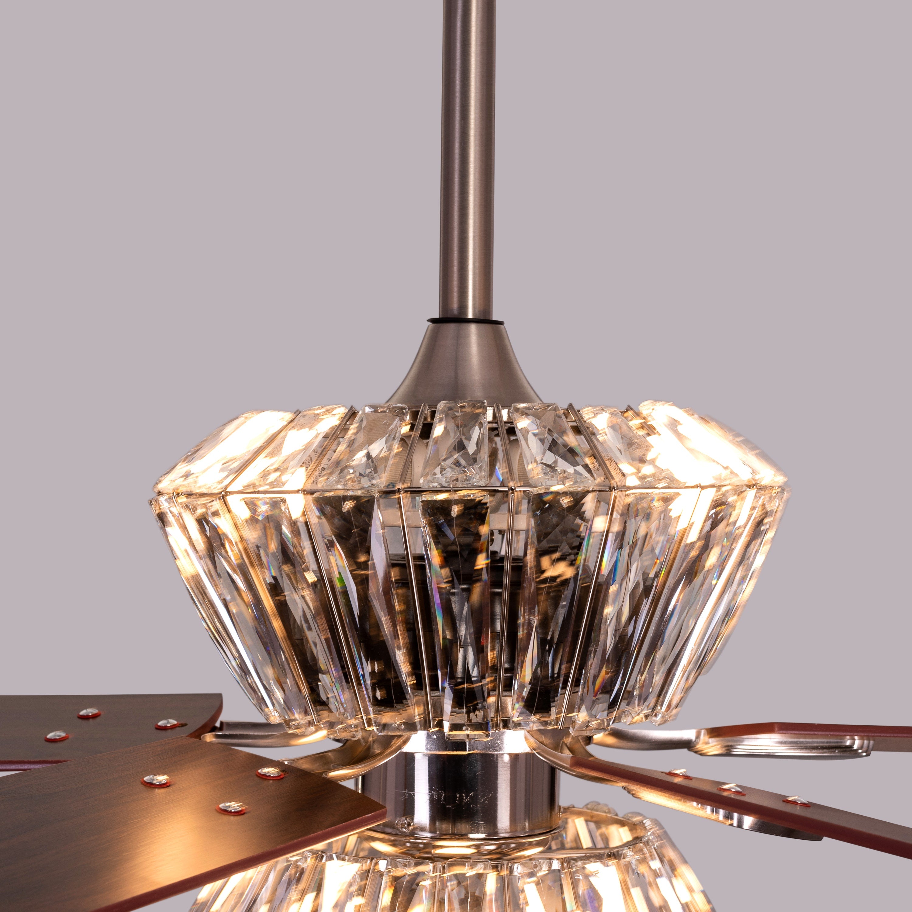 Embellished (132 cm Span, Chrome Finish Metal Body, Mahogany Finish Wooden Blade) Crystal Chandelier Ceiling Fan