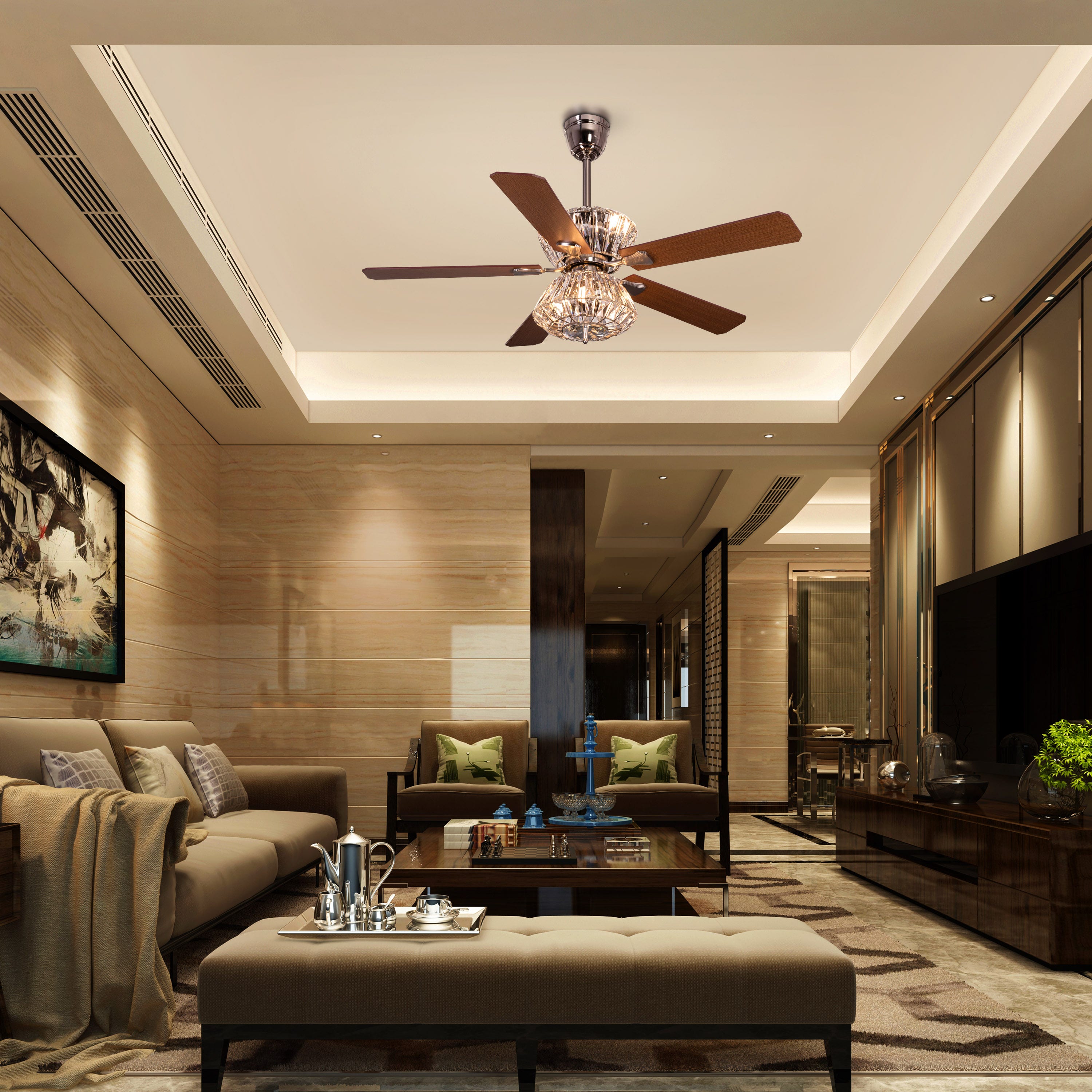 Embellished (132 cm Span, Chrome Finish Metal Body, Mahogany Finish Wooden Blade) Crystal Chandelier Ceiling Fan