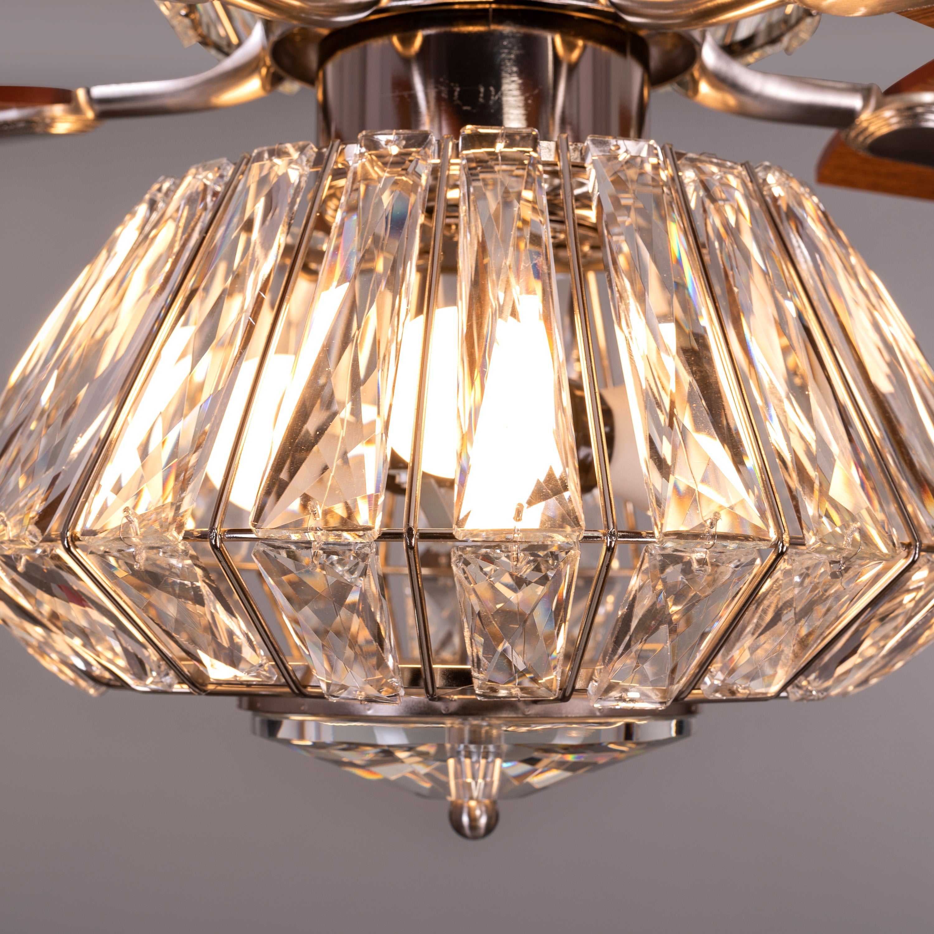 Embellished (132 cm Span, Chrome Finish Metal Body, Mahogany Finish Wooden Blade) Crystal Chandelier Ceiling Fan