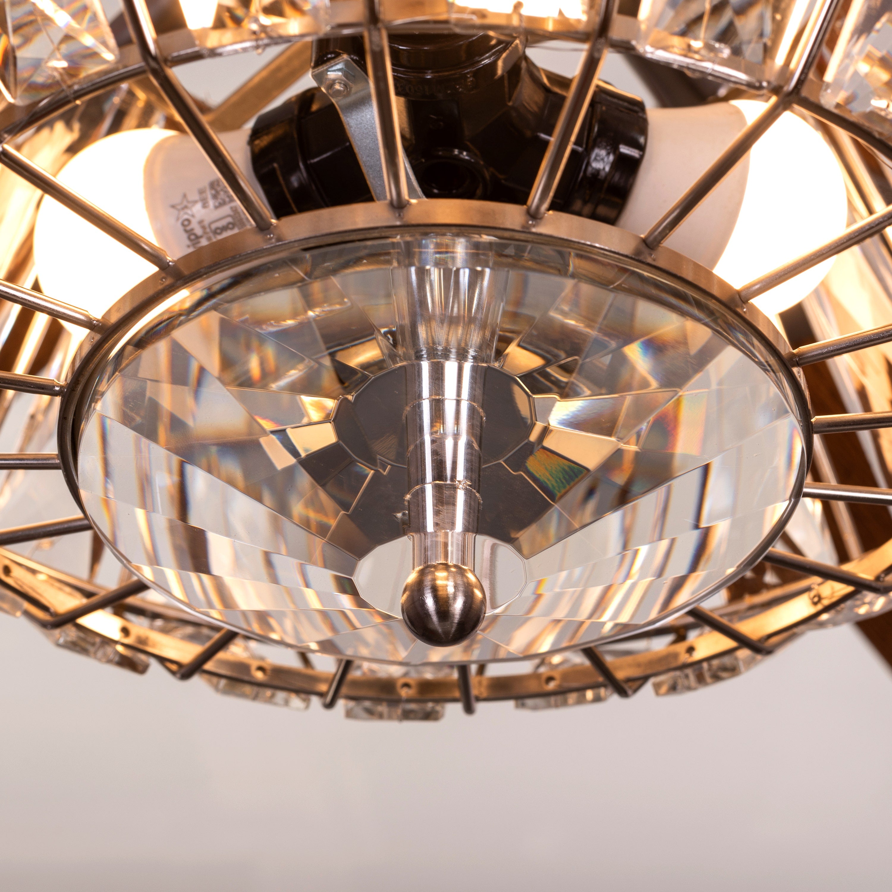 Embellished (132 cm Span, Chrome Finish Metal Body, Mahogany Finish Wooden Blade) Crystal Chandelier Ceiling Fan