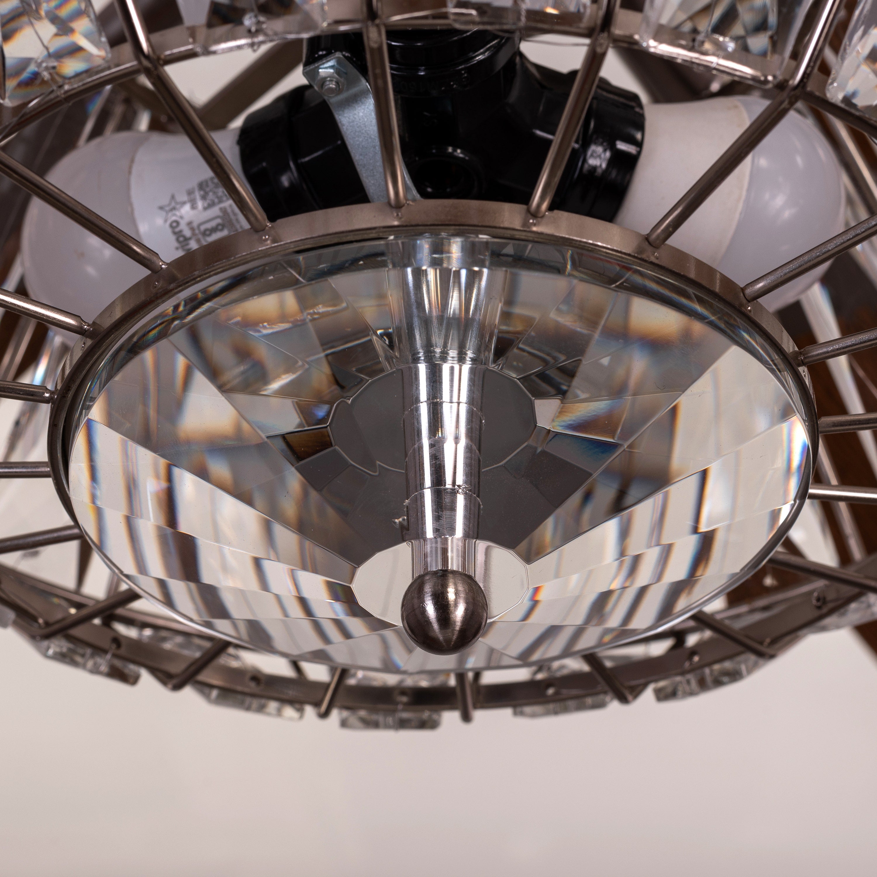 Embellished (132 cm Span, Chrome Finish Metal Body, Mahogany Finish Wooden Blade) Crystal Chandelier Ceiling Fan